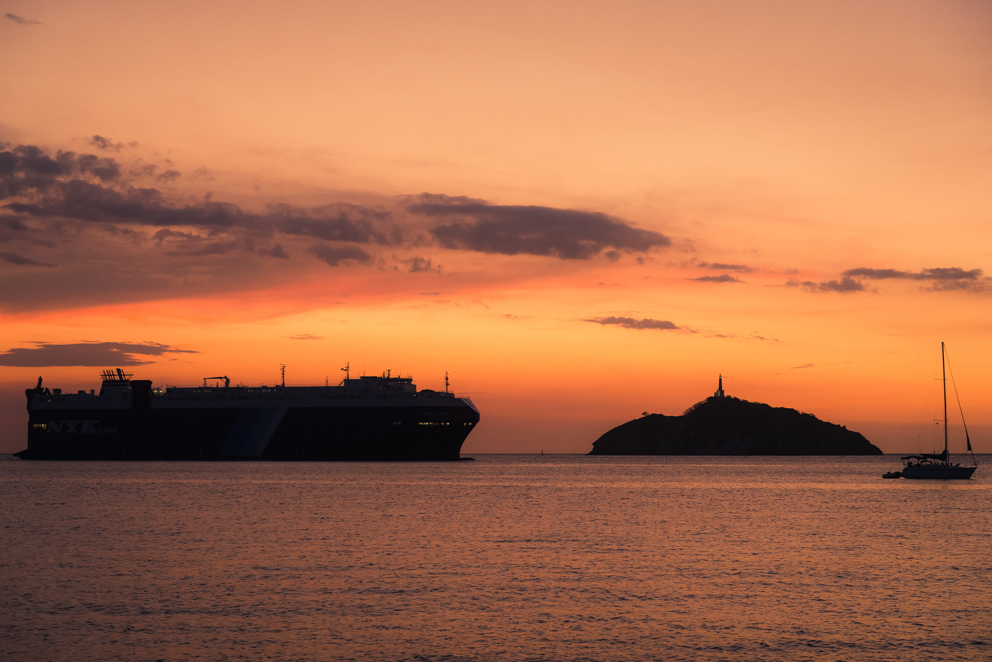 passenger craft, sunset, nautical vessel, lighthouse, cruise ship, dusk, sailboat, ship, transportation, water, sky, cloud - sky, colombia, silhouette, HD Wallpaper