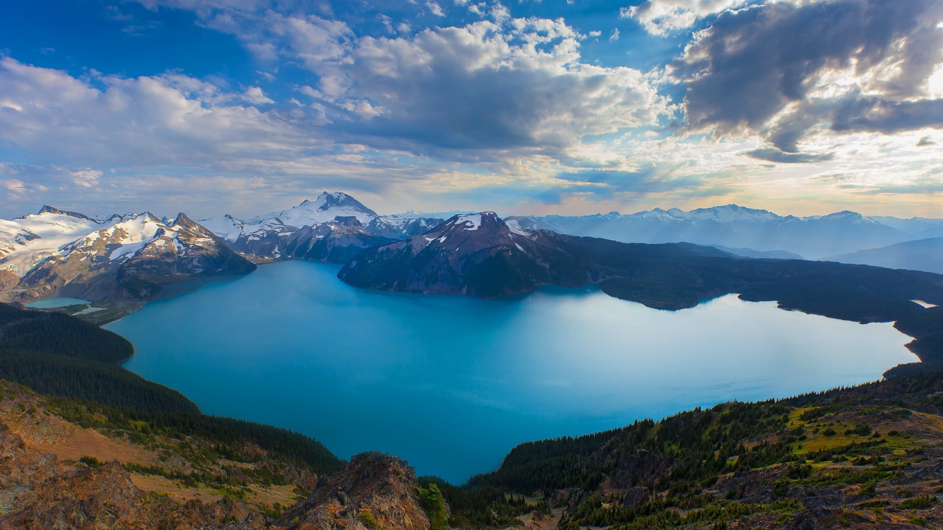 tranquility, snow, snowcapped mountain, British Columbia, mountain range, mountain, water, trees, remote, environment, day, 1080P, rock, lake, mountains, HD Wallpaper