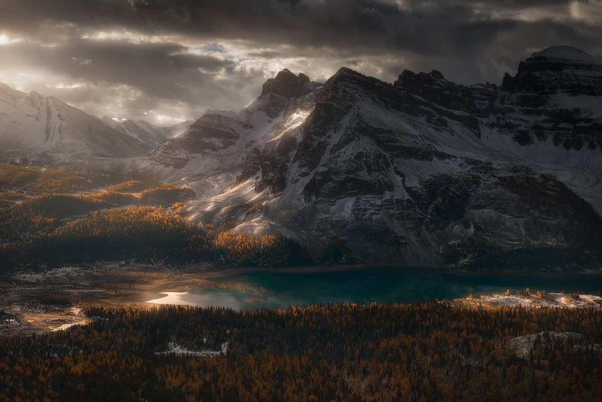 fall, 480P, sunrise, forest, photography, lake, clouds, mountains, snow, landscape, nature, Canada, British Columbia, HD Wallpaper