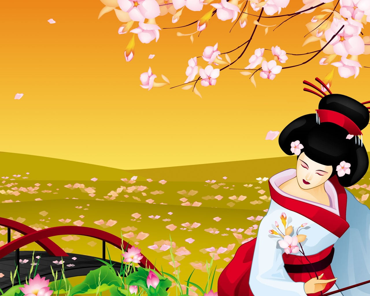 happiness, nature, young Adult, 720P, one Person, woman, Sakura, event, cherry Blossom, people, beautiful, cheerful, tree, flower, vector, adult, geisha, HD Wallpaper