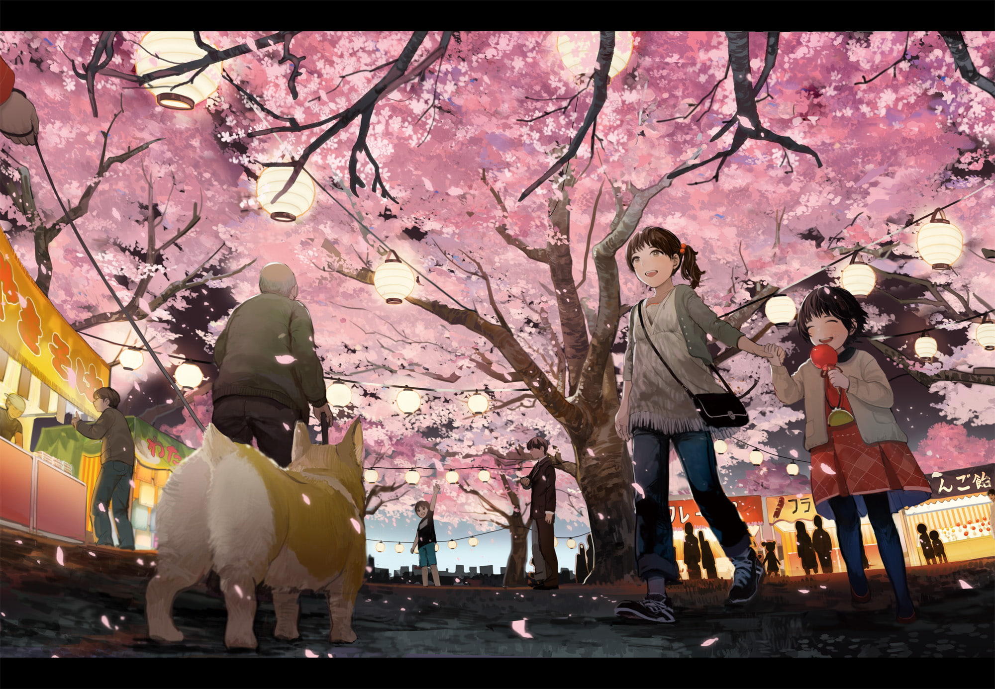 original, tree, shimetta, oshime, hair, food, animal, dog, petals, blossoms, eyes, brown, festival, cherry, 1080P, HD Wallpaper