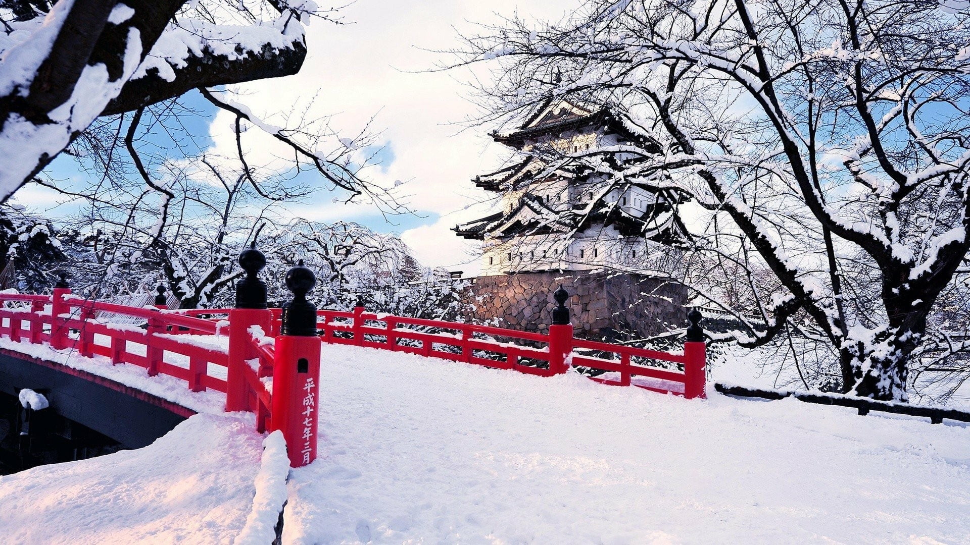 winter, day, no people, barrier, tranquility, red bridge, castle, sky, 1080P, bare tree, snowy, hirosaki castle, white color, built structure, scenics - nature, HD Wallpaper