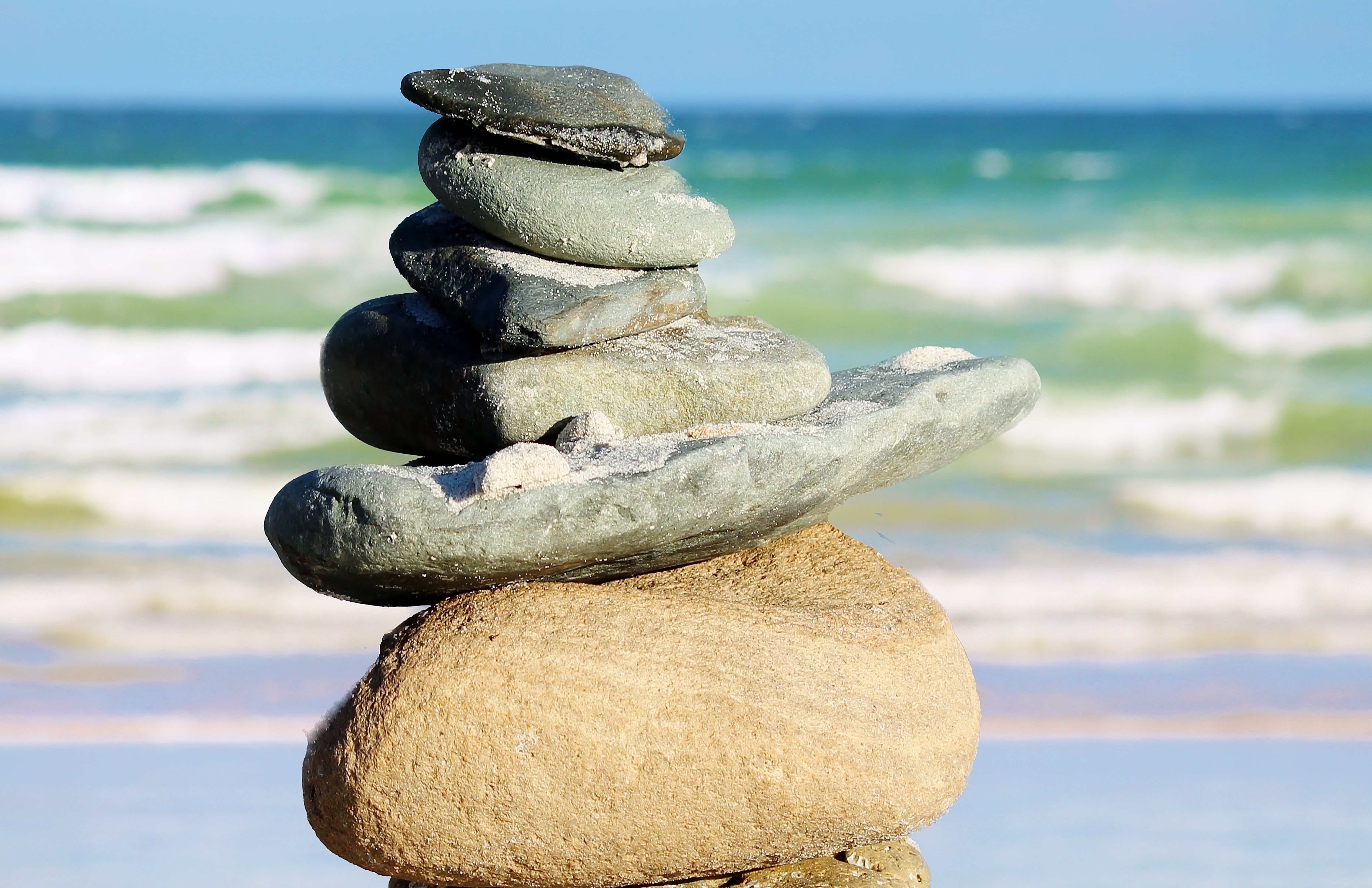 nature, outdoors, mood, stability, arrangement, beach, zen-like, stack, serenity, sand, balanced, relaxation, harmony, sea, sunlight, rock - Object, water, HD Wallpaper