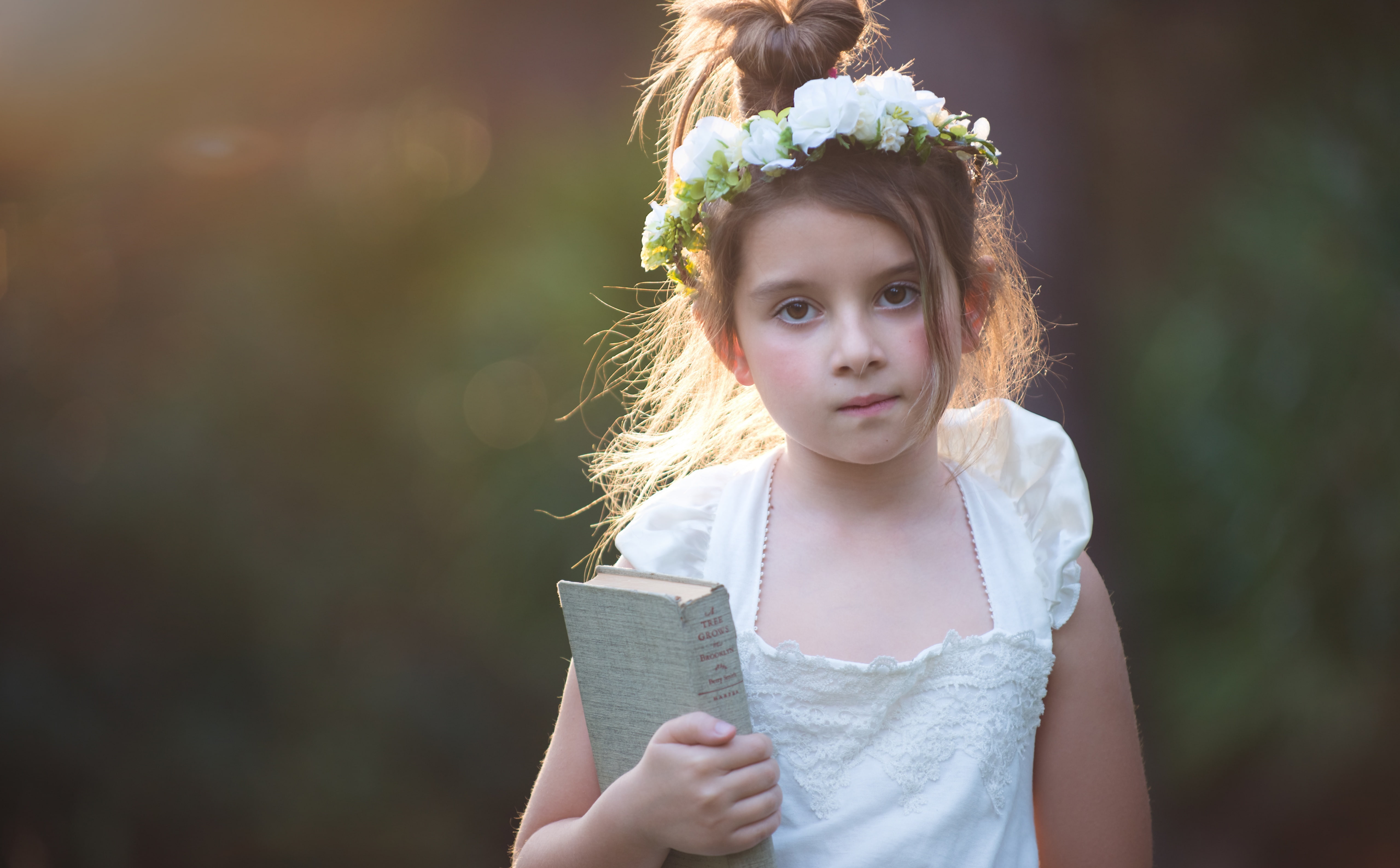 day, sleeveless, white, innocence, standing, evening, women, Flowers, child, focus on foreground, hairstyle, 5K, portrait, females, Girl, looking at camera, HD Wallpaper