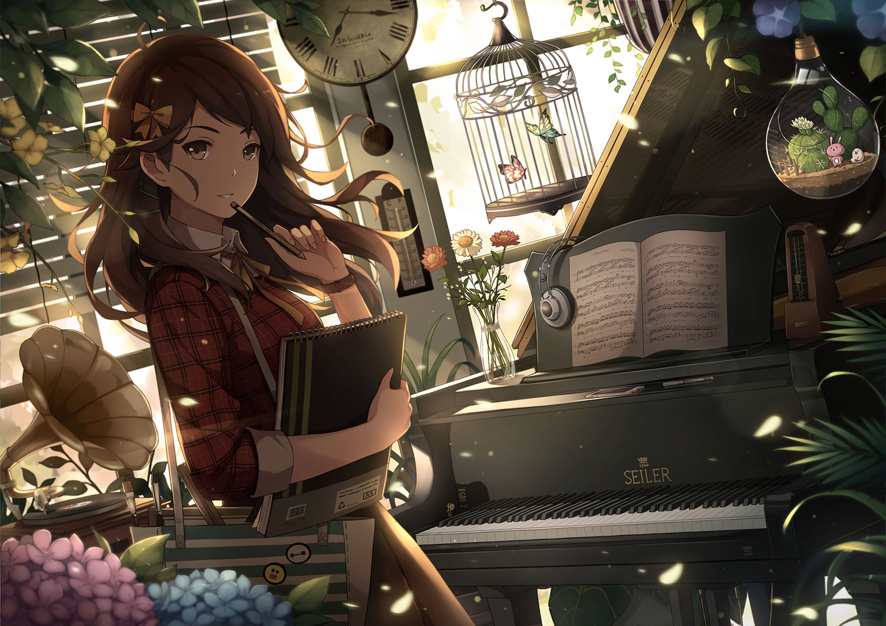 notebook, piano, flowers, 720P, Anime, anime girl, cage, HD Wallpaper