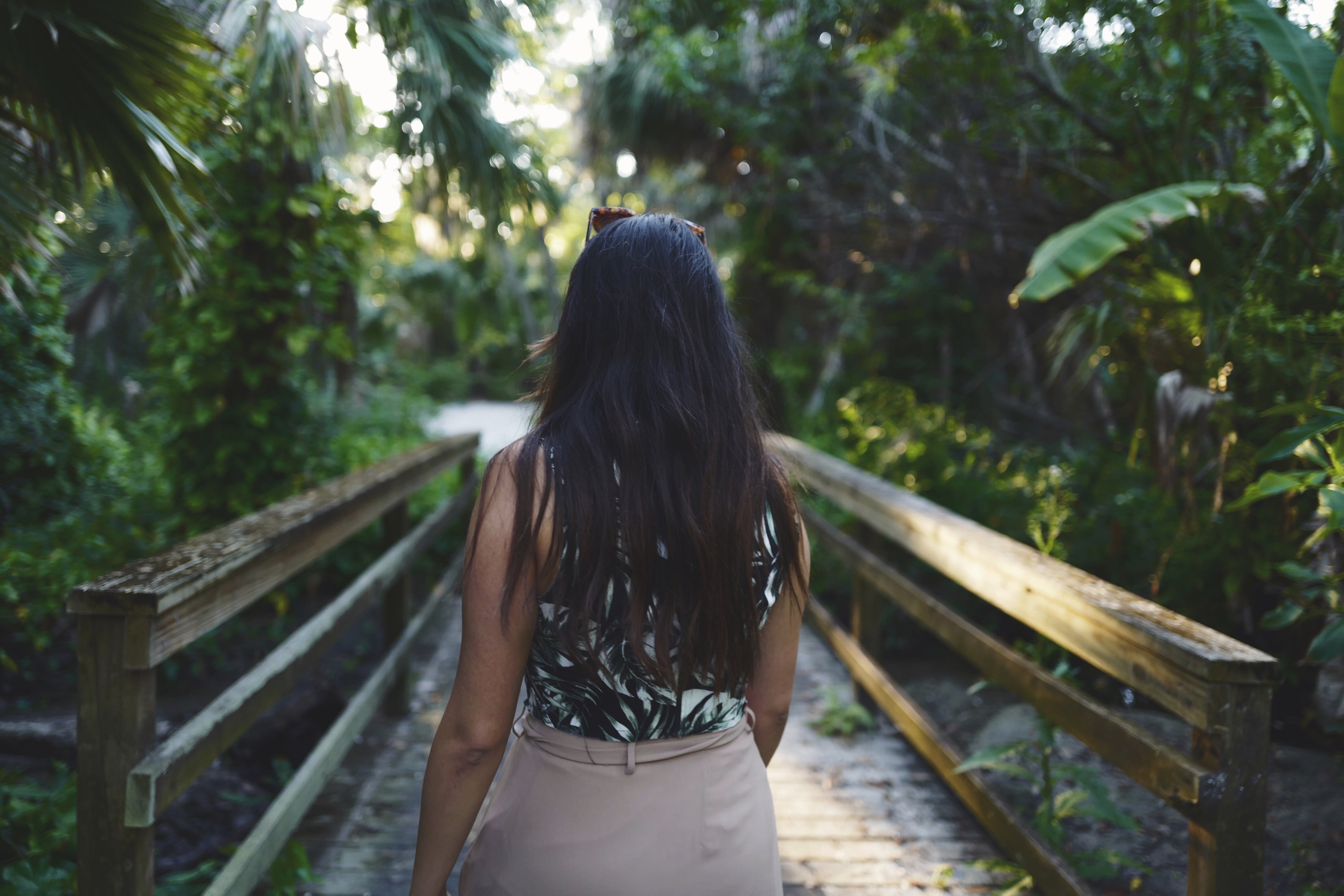 brown, adults only, tree, long hair, standing, 4K, plant, park, wood, leaves, dress, forest, sleeveless, real people, model, one person, outdoors, lifestyles, HD Wallpaper