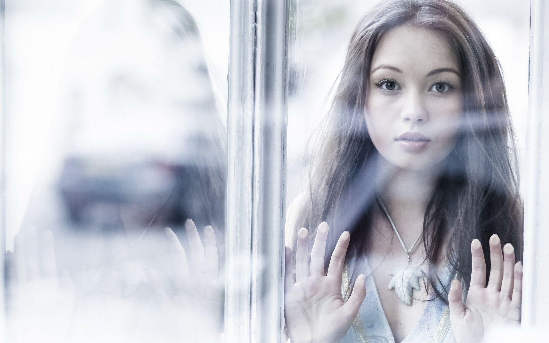 1920x1200, girls, leaf, looking, beautiful, s, 1080P, woman, pendant, window, women, girl, gray, HD Wallpaper