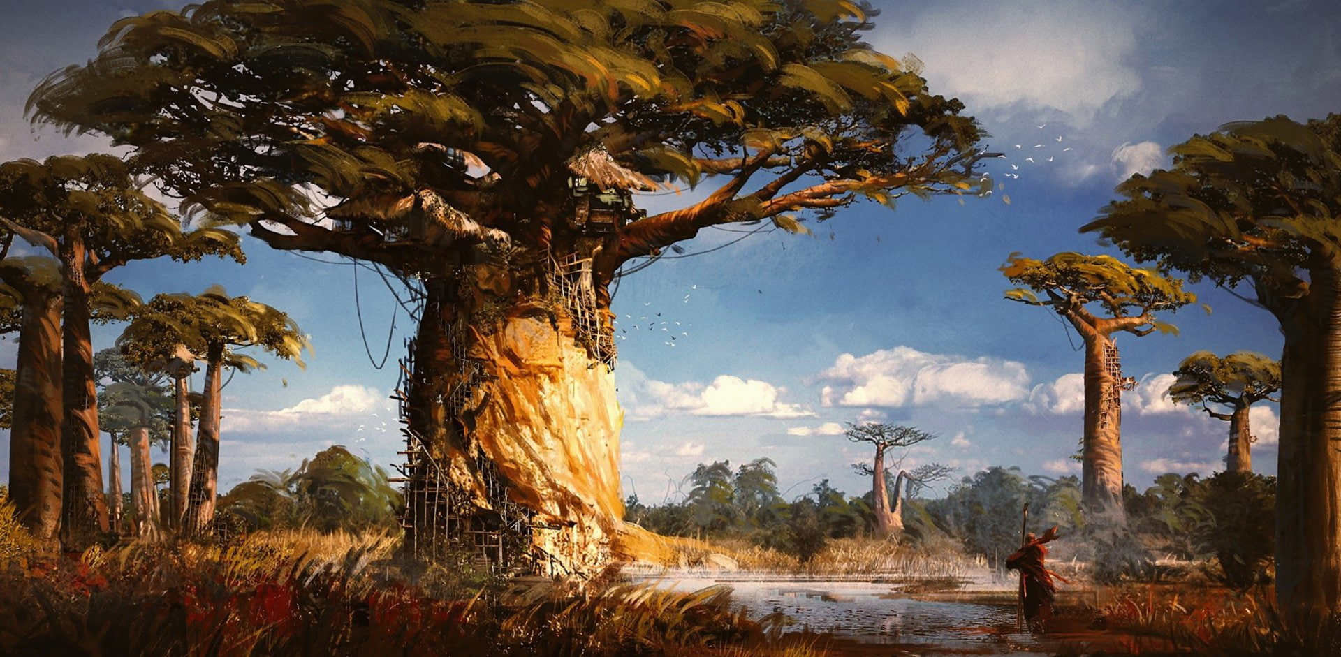 River, Treehouse, 1080P, Man, Fantasy, House, HD Wallpaper