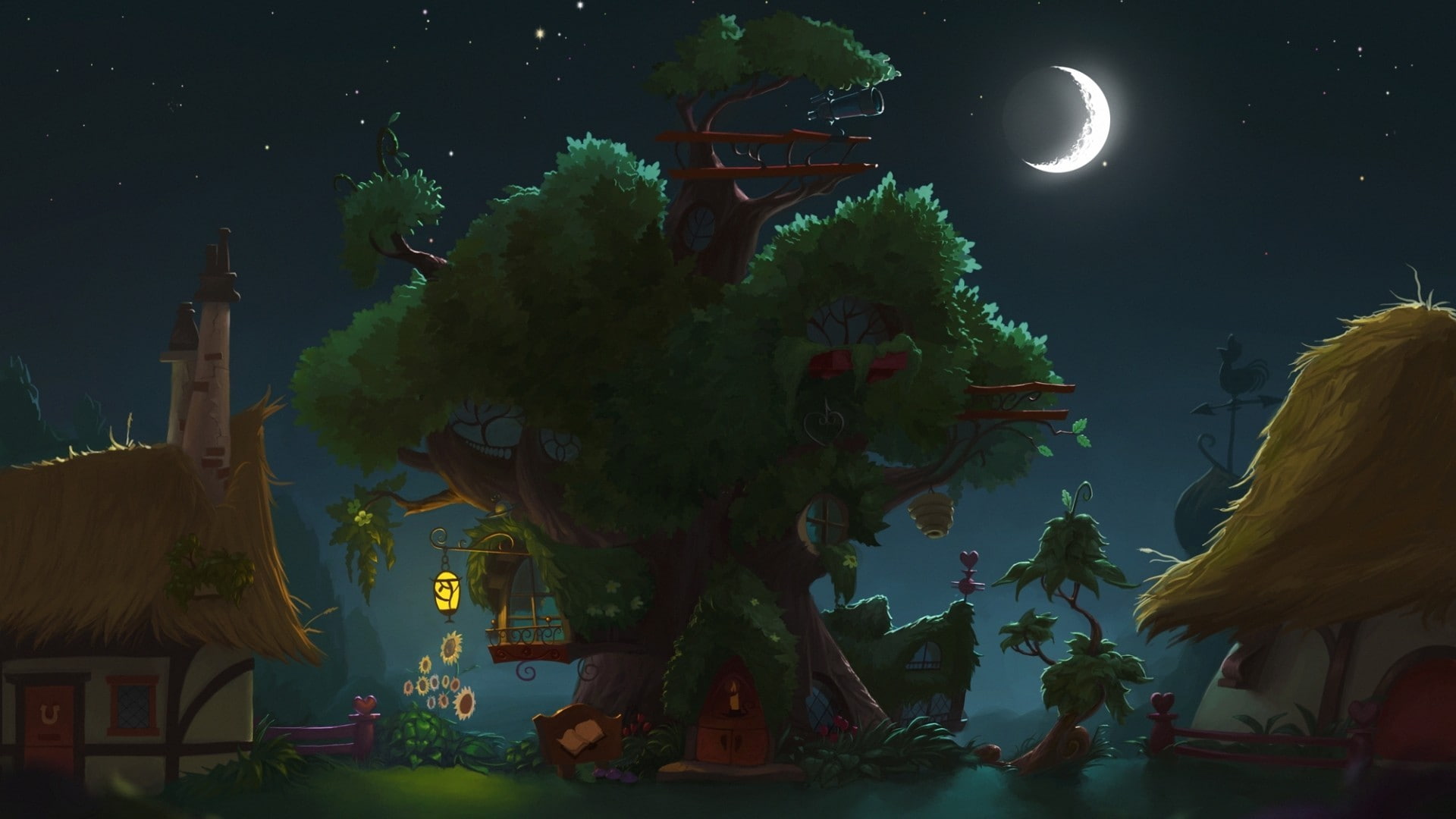 architecture, tree, no people, sky, artwork house treehouses moon night, lighting equipment, built structure, 1080P, illuminated, nature, religion, belief, HD Wallpaper