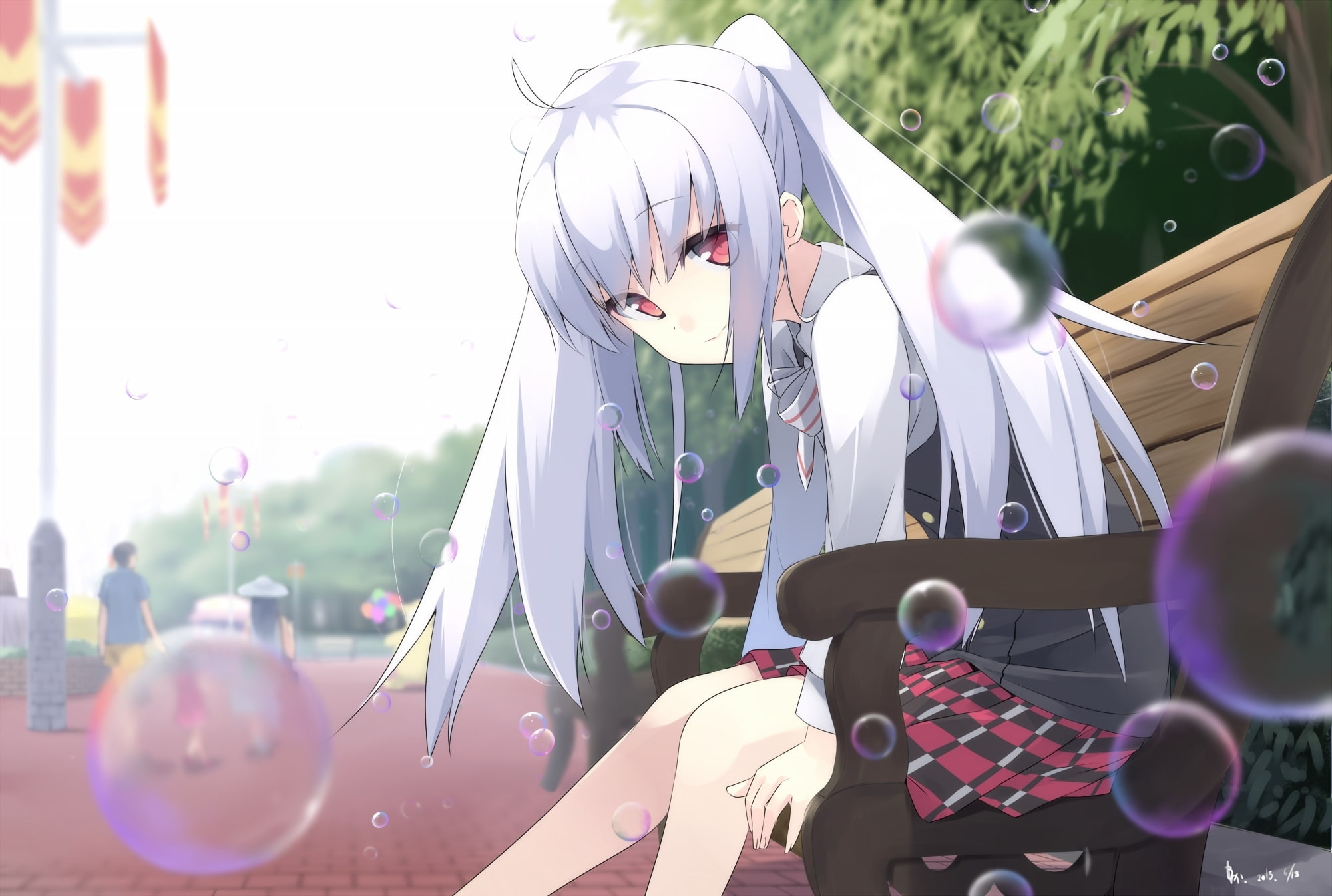 bench, bubbles, 1080P, isla, plastic memories, sitting, Anime, silver hair, HD Wallpaper