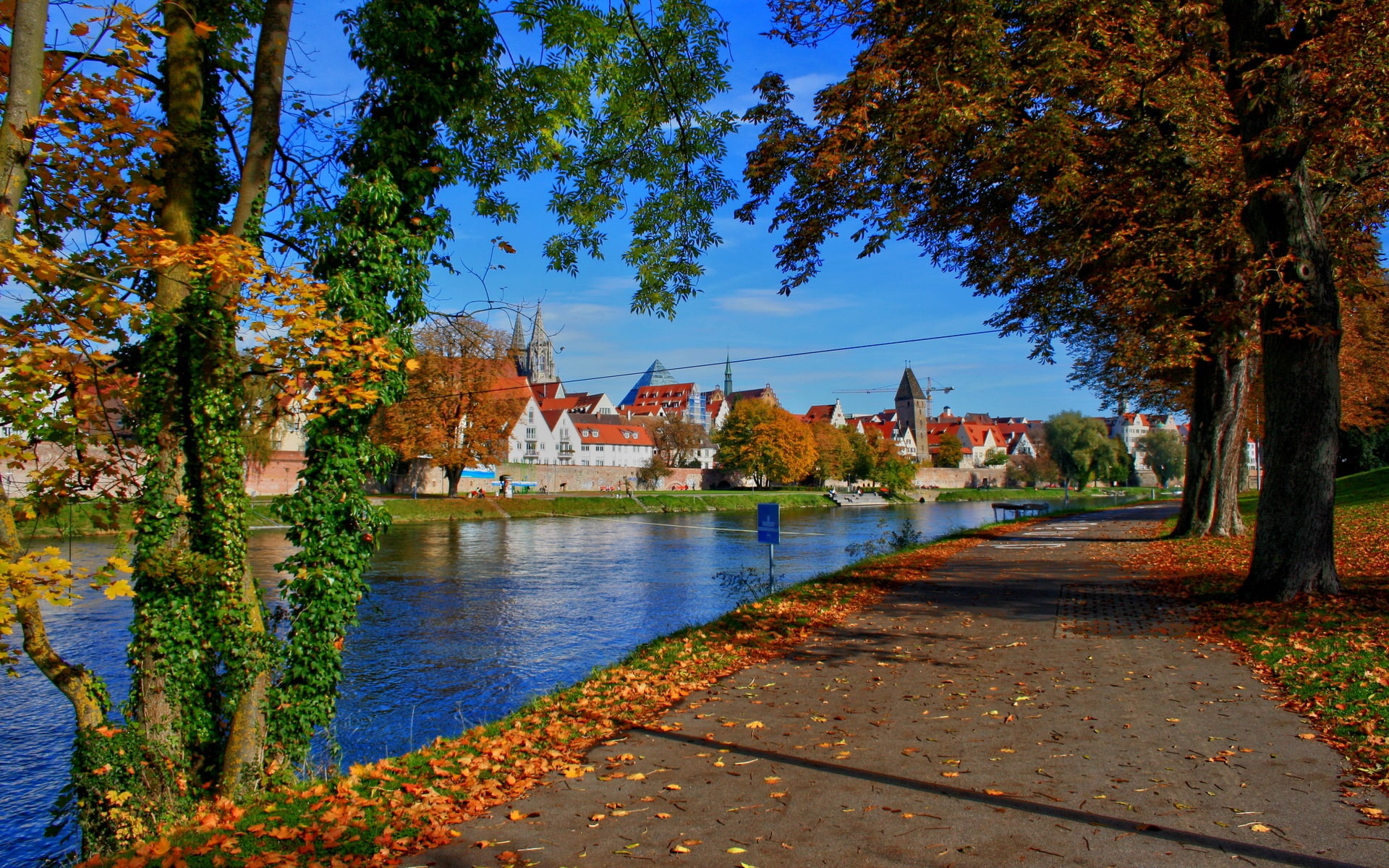 River, Houses, City, Road, Germany, Trees, 1080P, Bavaria, Autumn, HD Wallpaper