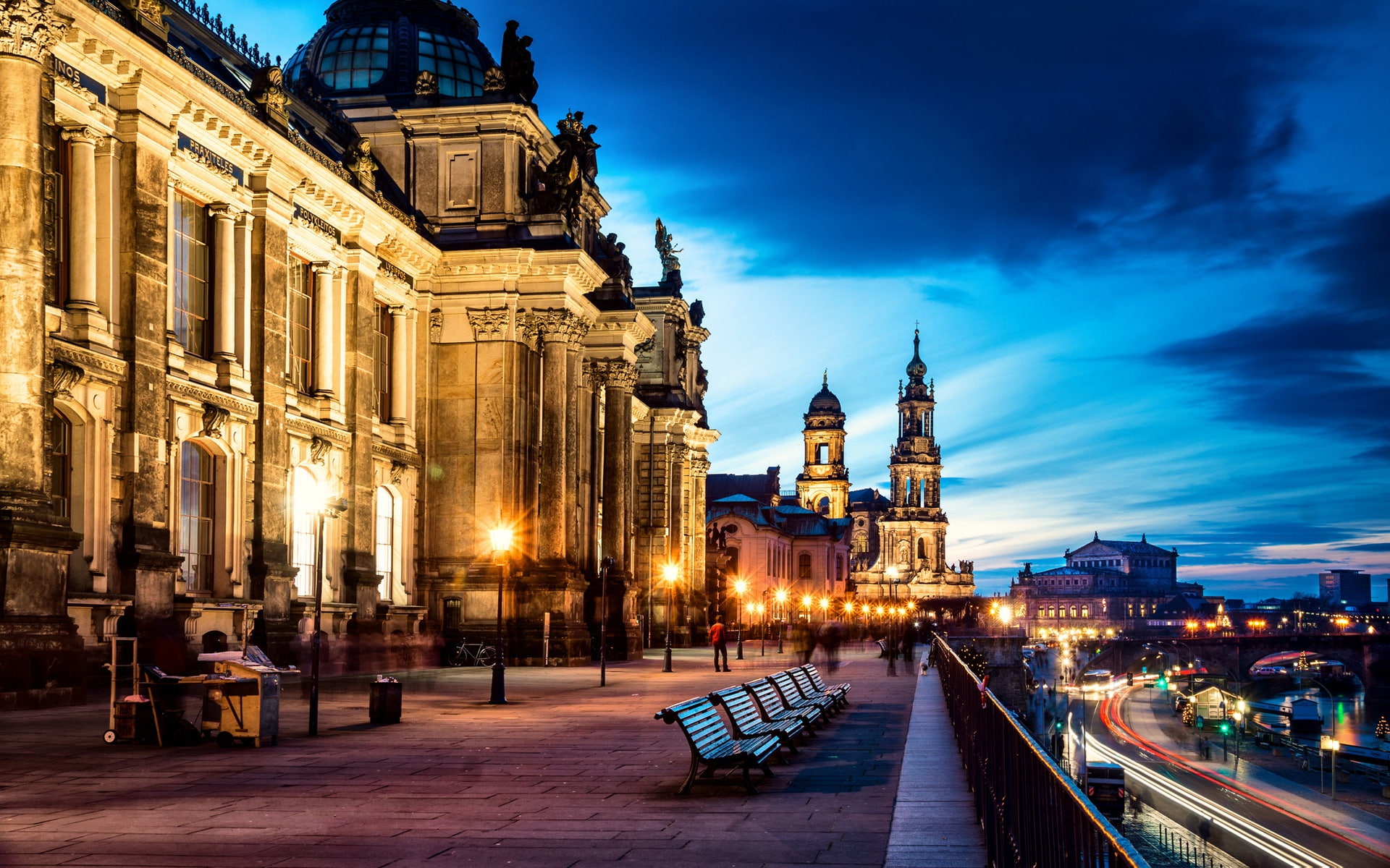 Street, Lights, Dresden, Road, Altstadt, Buildings, Evening, Benches, Germany, 1080P, City, HD Wallpaper