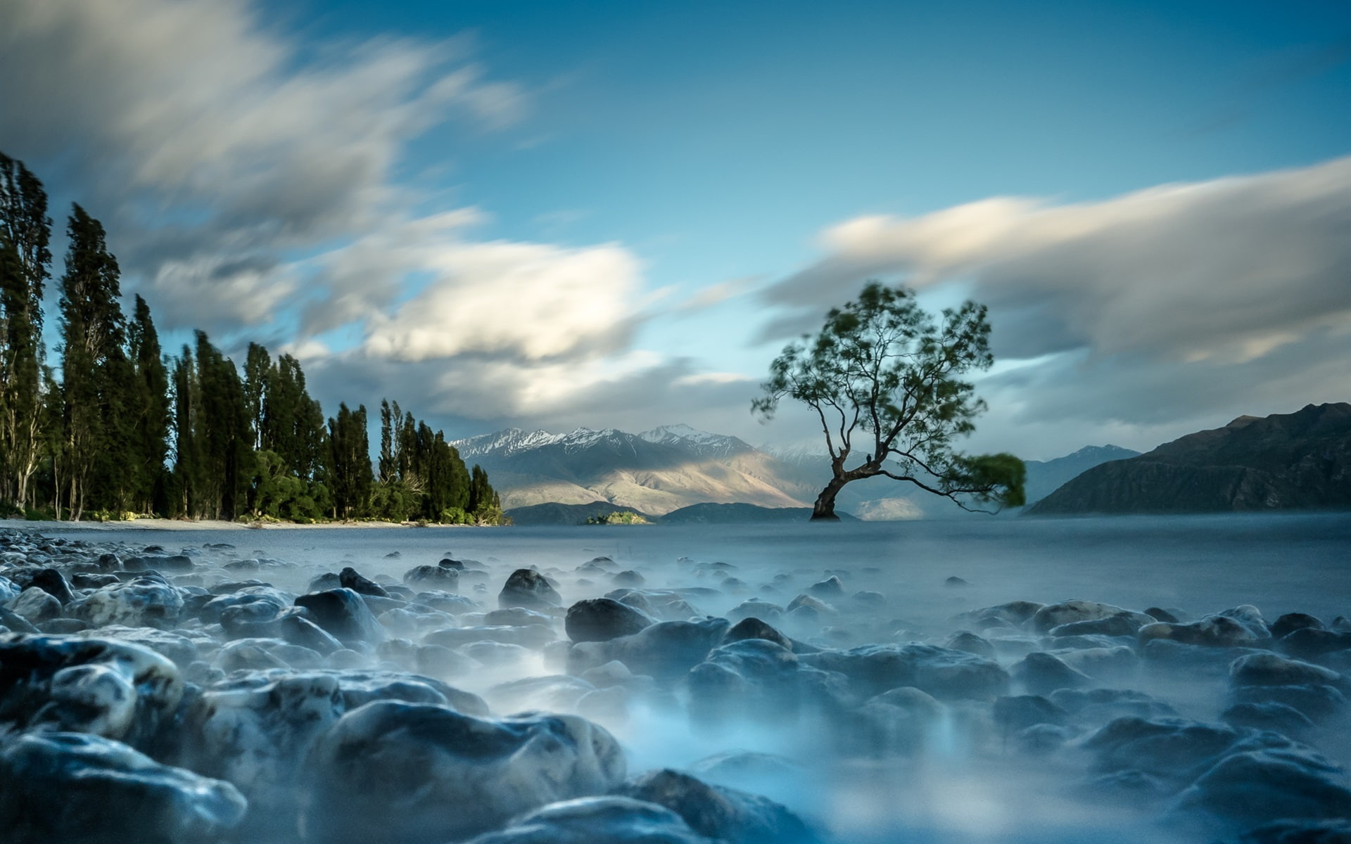 Trees, 1080P, Fog, Rocks, Mountains, River, Beautiful, Nature, Dawn, HD Wallpaper