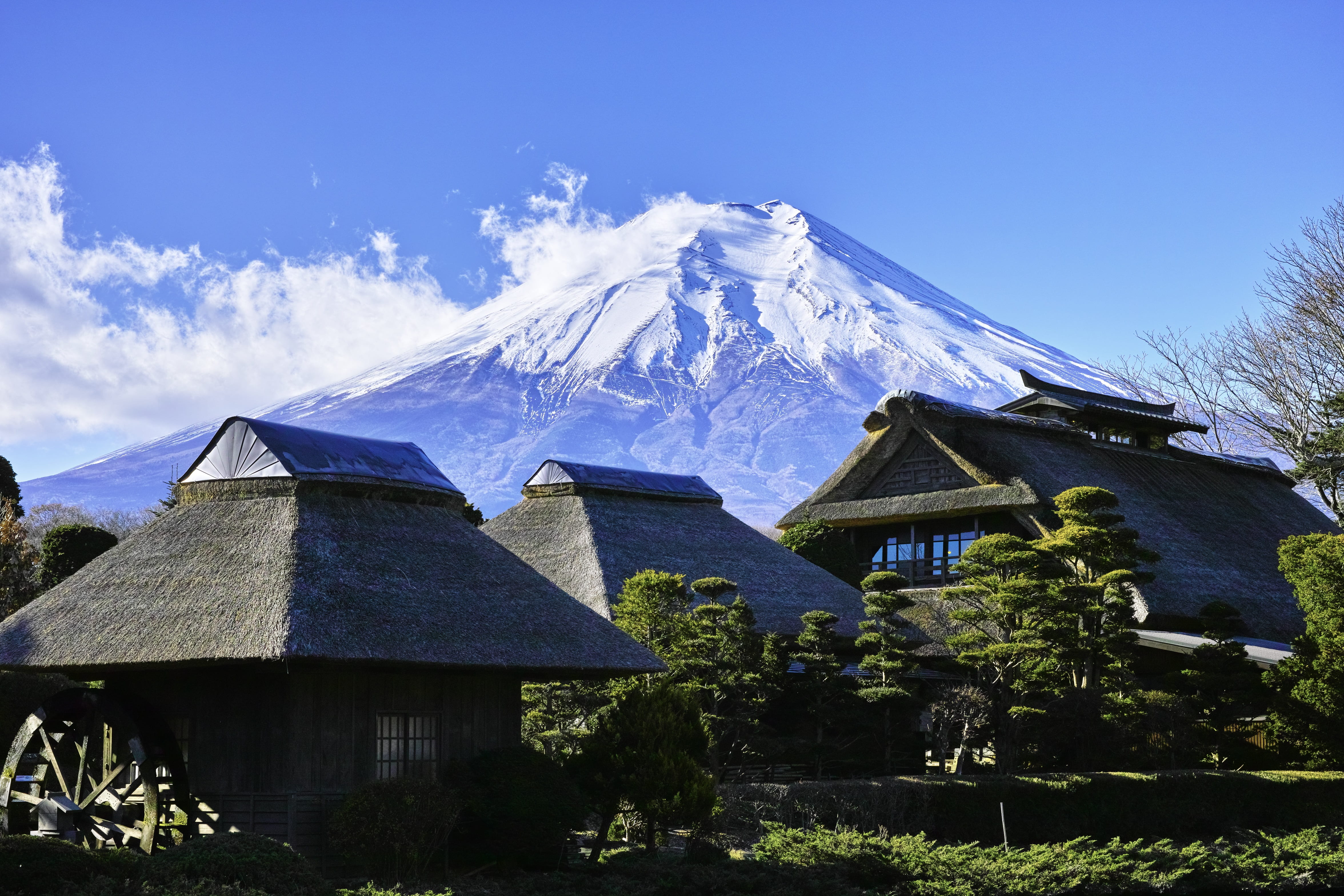 mountains of japan, range, blue, mountain, architecture, outdoors, blue sky, building exterior, houses, environment, built structure, brown, house, near, HD Wallpaper