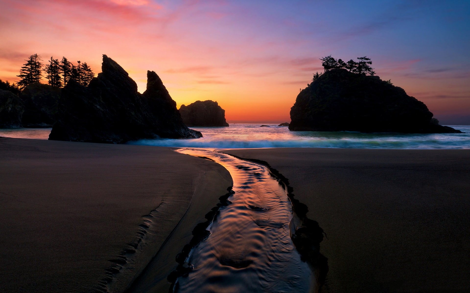 Sunset, Dusk, Beach, Rocks, Trees, 1080P, Sea, Night, Waves, Coast, HD Wallpaper