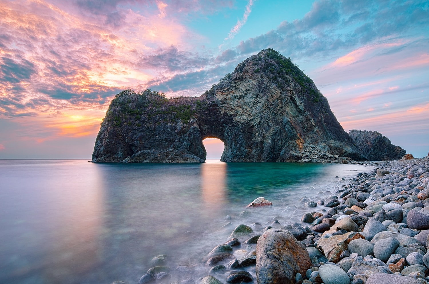 Japan, clouds, nature, 720P, sea, rock, coast, sunset, gates, landscape, beach, HD Wallpaper