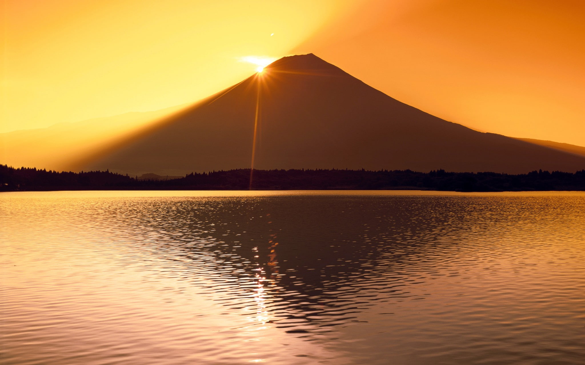 Mount Fuji, 1080P, Japan, mountains, reflection, lake, silhouette, sunlight, HD Wallpaper
