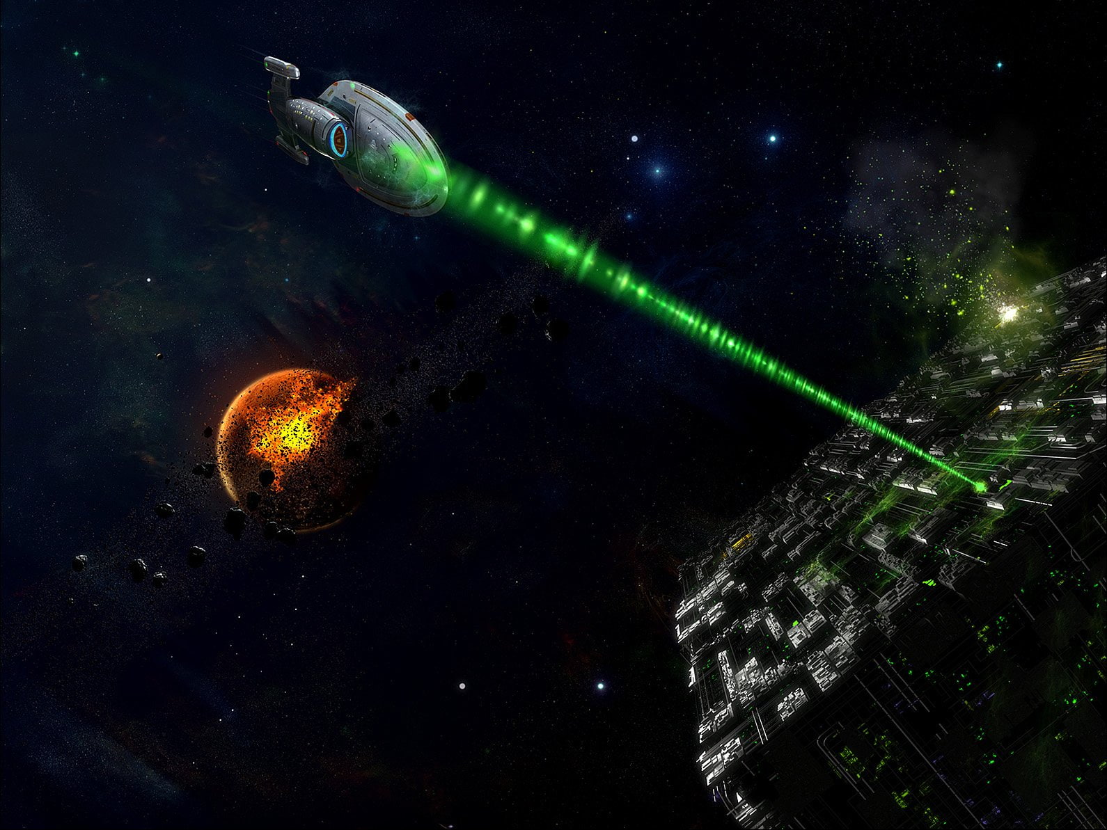 Federation, laser, nature, glowing, water, light - natural phenomenon, no people, Battle, Sci Fi, Borg (Star Trek), 720P, space, Destruction, green color, HD Wallpaper