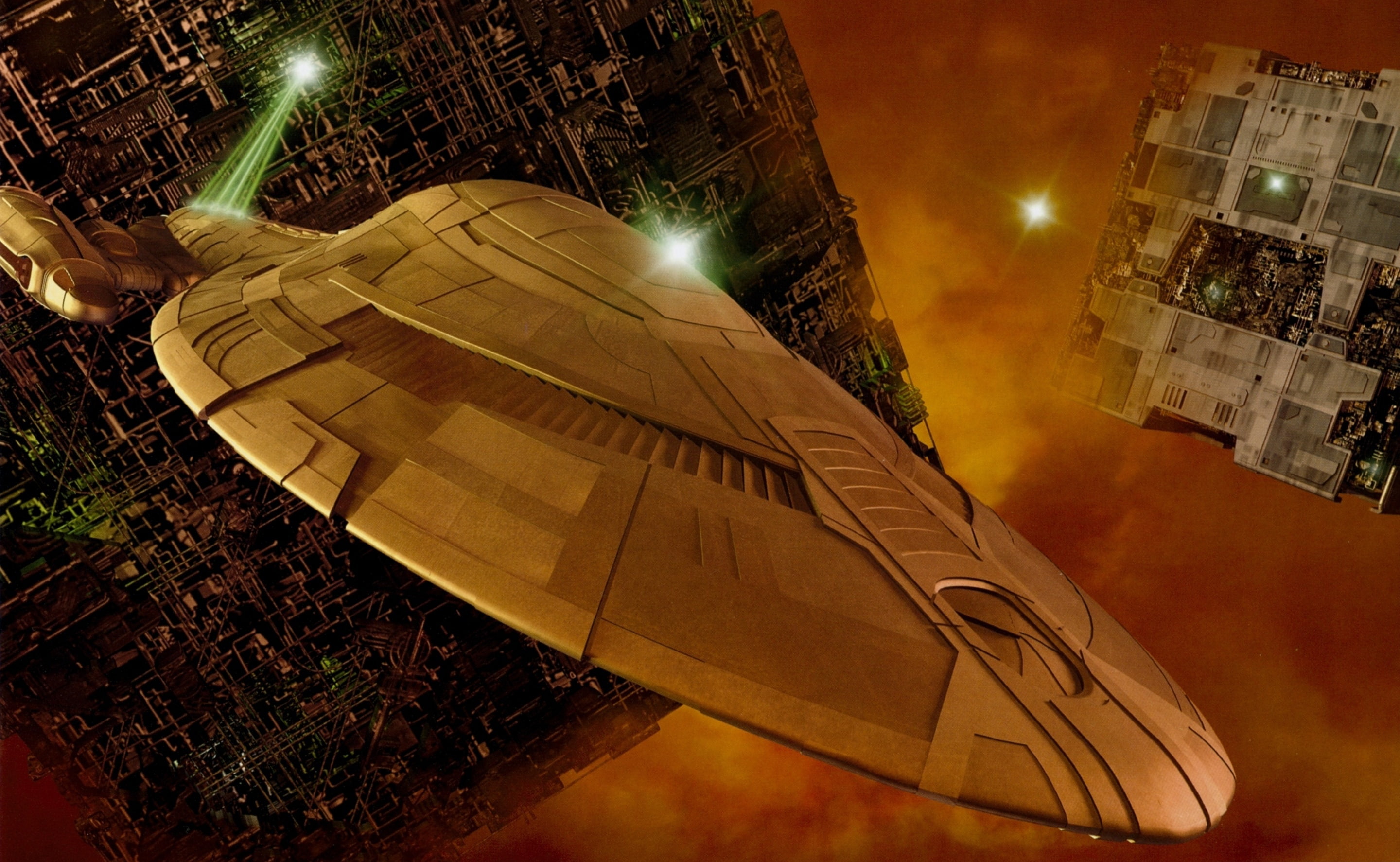 illuminated, art and craft, building exterior, nature, representation, tilt, space, 2K, star, night, lighting equipment, Borg, star trek, no people, flying, HD Wallpaper