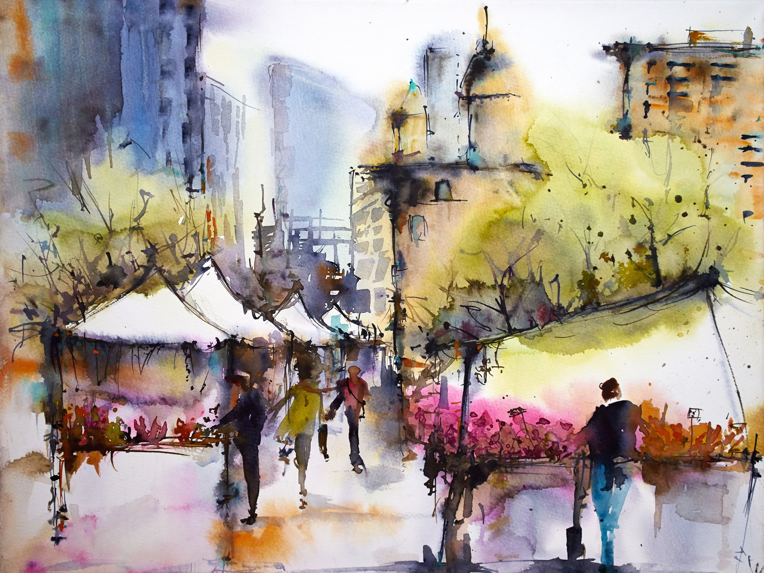 People, Watercolor, 2K, painting, City, House, Spring, market, March, HD Wallpaper