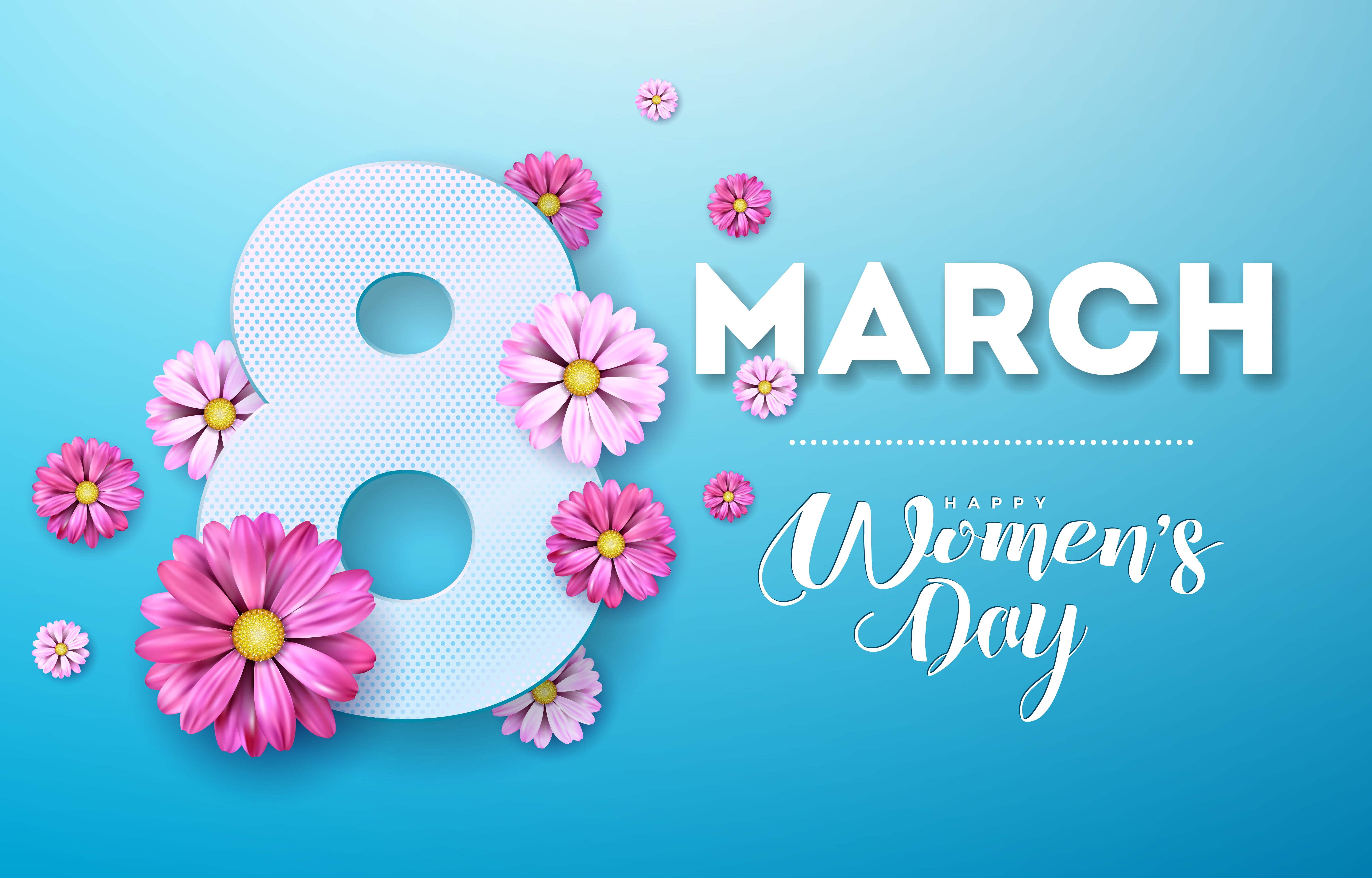 flowers, blue background, happy, 5K, pink, womens day, March 8, 8 march, HD Wallpaper