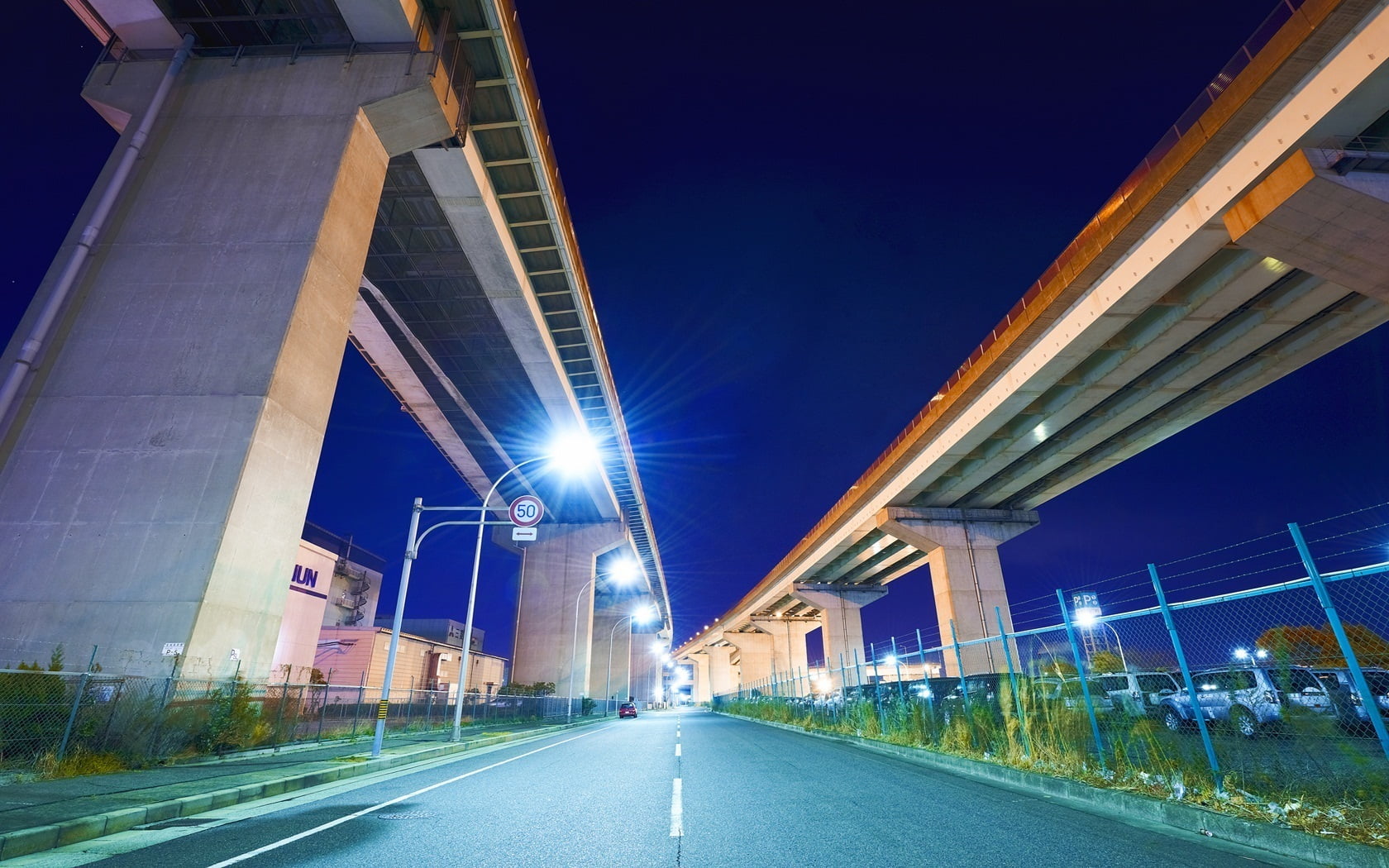 sign, Nagoya, lens flare, lights, lighting equipment, built structure, connection, Japan, night, direction, nature, city, 720P, road, sky, no people, bridges, HD Wallpaper