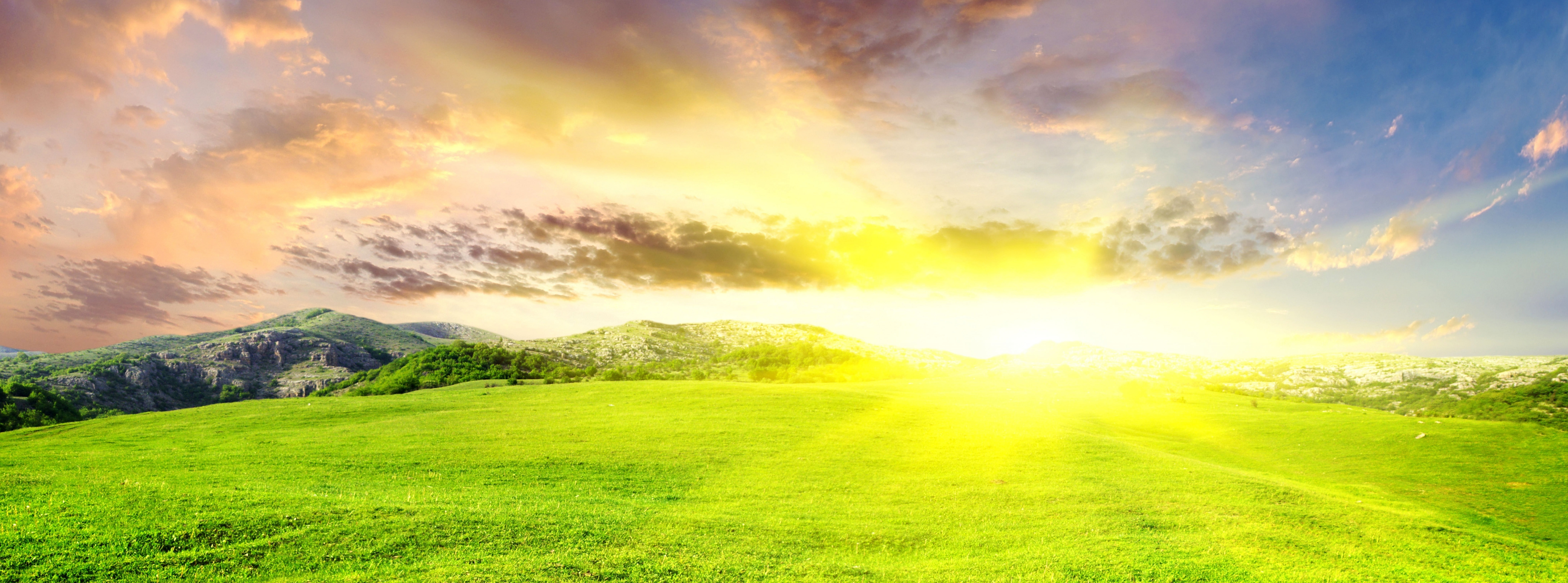 tranquil scene, green color, dramatic sky, green, outdoors, sunlight, mountain, Dazzling, scenics - nature, field, 8K, grass, tranquility, sky, vibrant color, HD Wallpaper