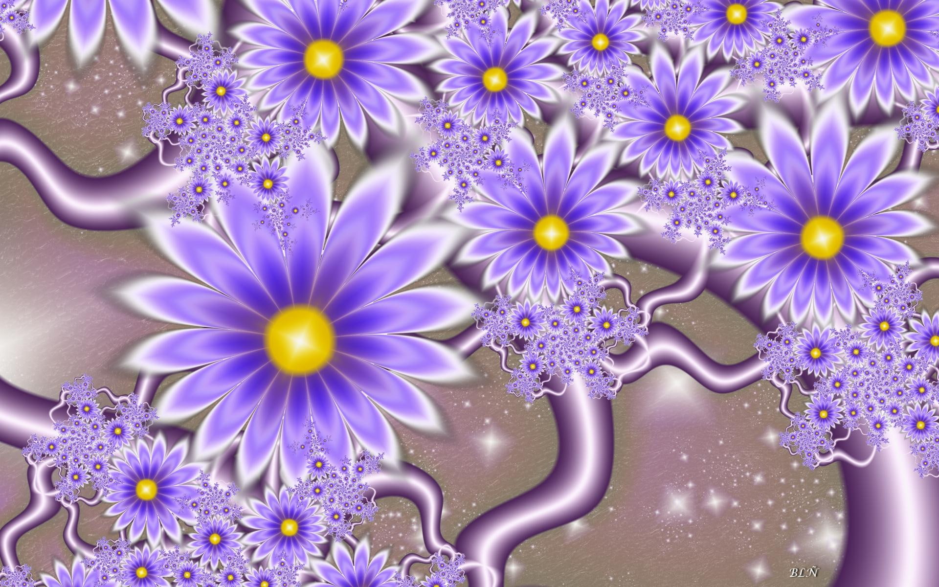 1080P, flowers, splendor, purple, pure, dazzling, fractal art, daisies, digital art, colorful, leaves, beautiful, illustration, connection, lovely, HD Wallpaper