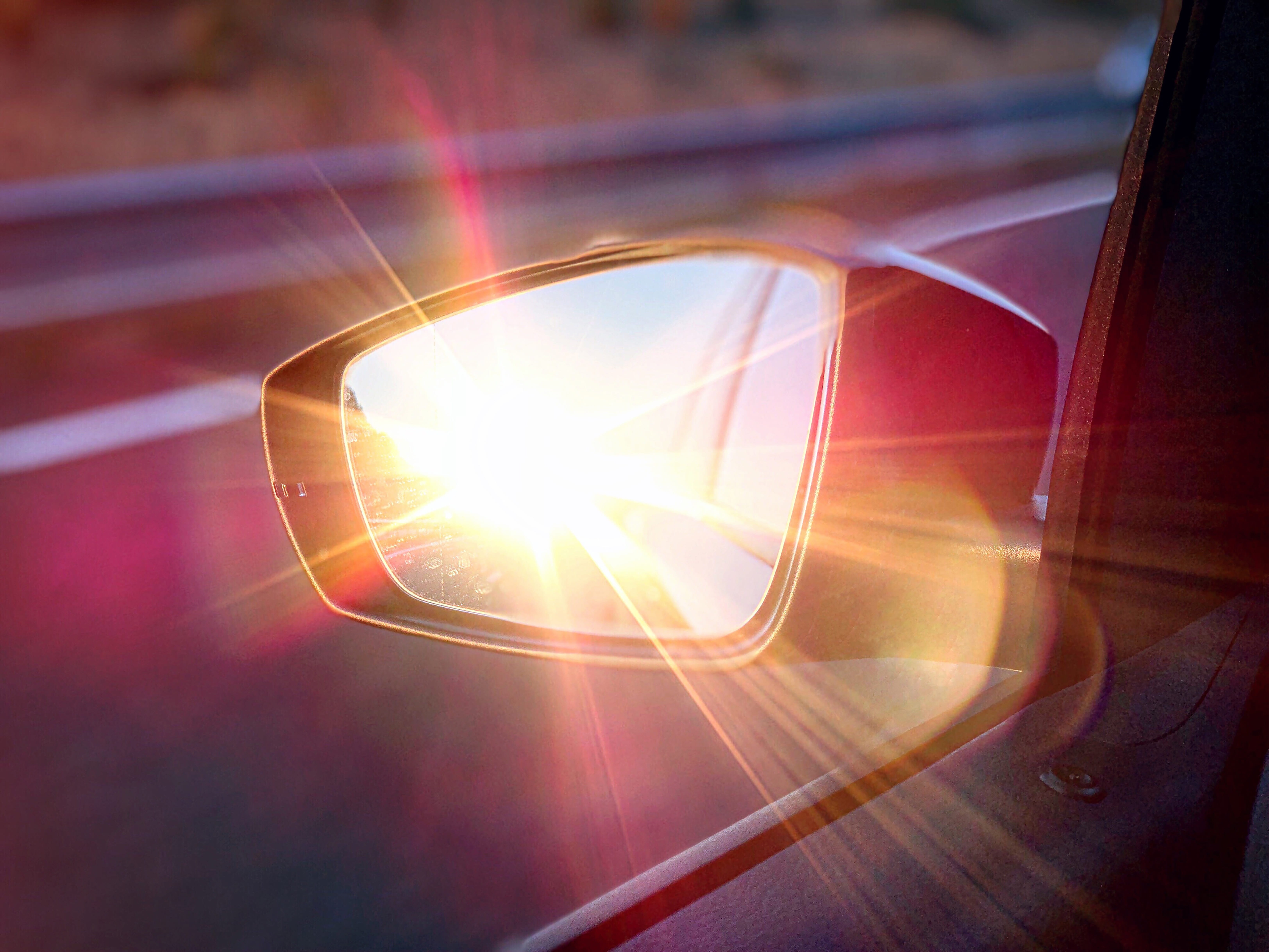 5K, sky, lens flare, mode of transportation, sunset, mirror, sunbeam, vehicle interior, auto, abendstimmung, transportation, day, mirrors, window, nature, HD Wallpaper