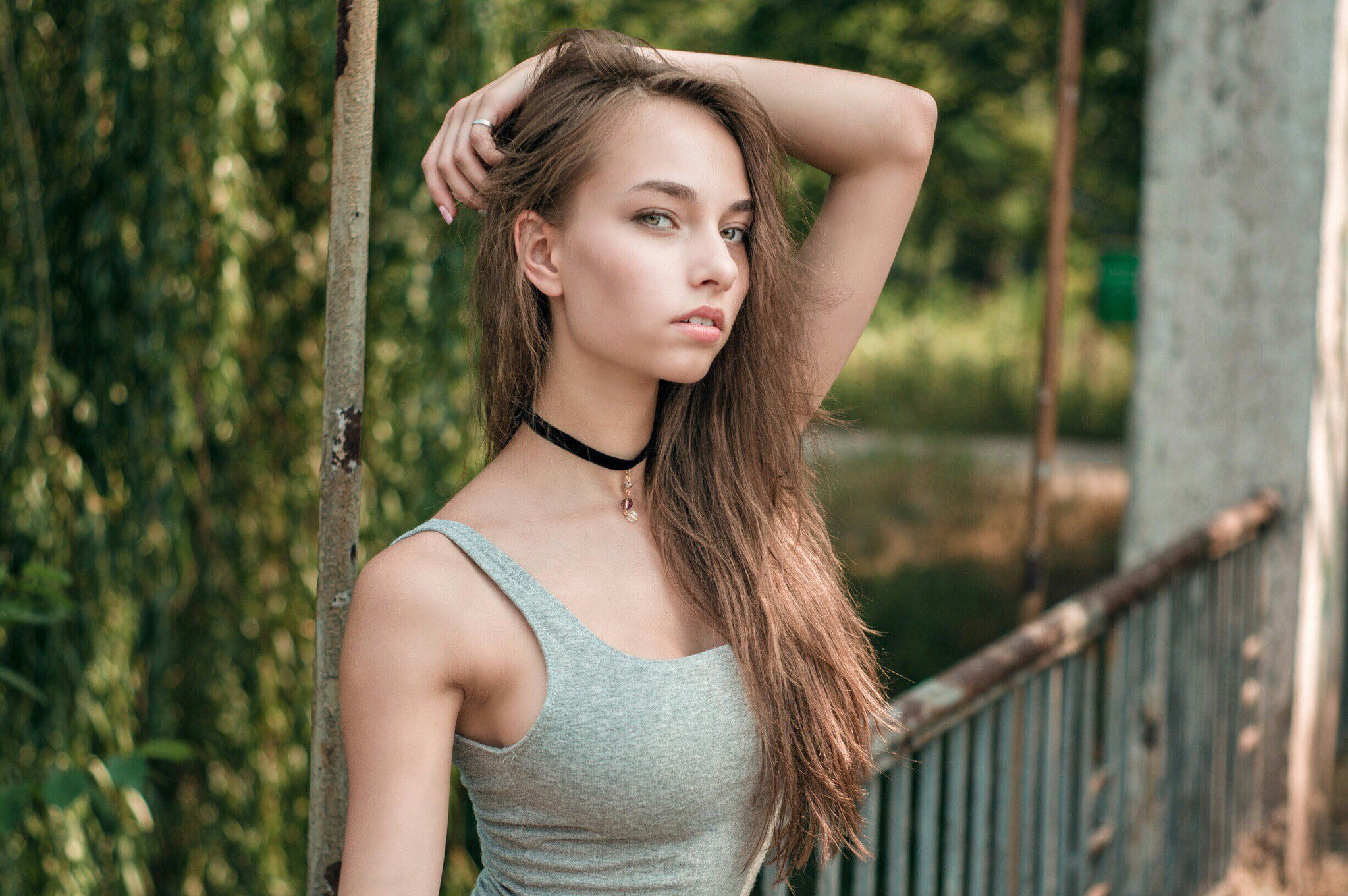 dazzling, look, Catherine Podbereznaya, shoulders, street, summer, nice, face, lips, Park, expressive, collar, sweetheart, hair, eyes, bokeh, bust, cute, HD Wallpaper