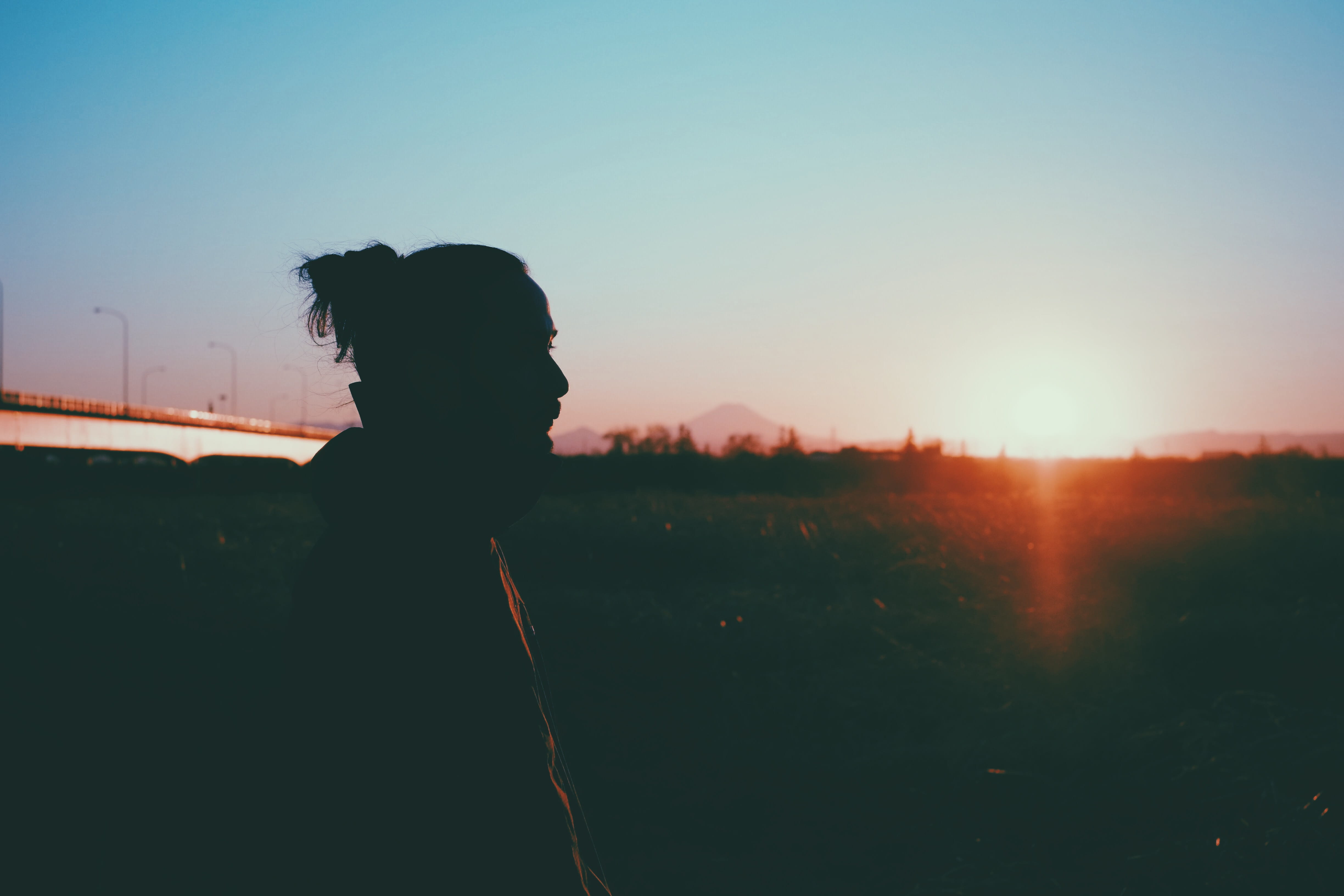 field, saitama, copy space, nature, sunset, real people, 4K, landscape, non-urban scene, environment, sky, outdoors, land, silhouette, men, lens flare, HD Wallpaper