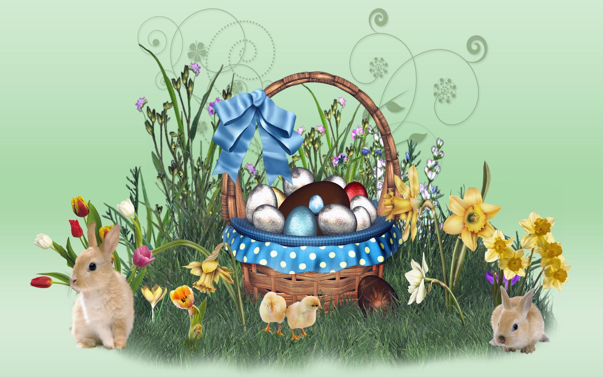 pretty, lovely, chick, 1080P, holidays, rabbits, happy, flowers, sweet, brown, blessings, digital art, photoshop, blooms, easter, leaves, HD Wallpaper