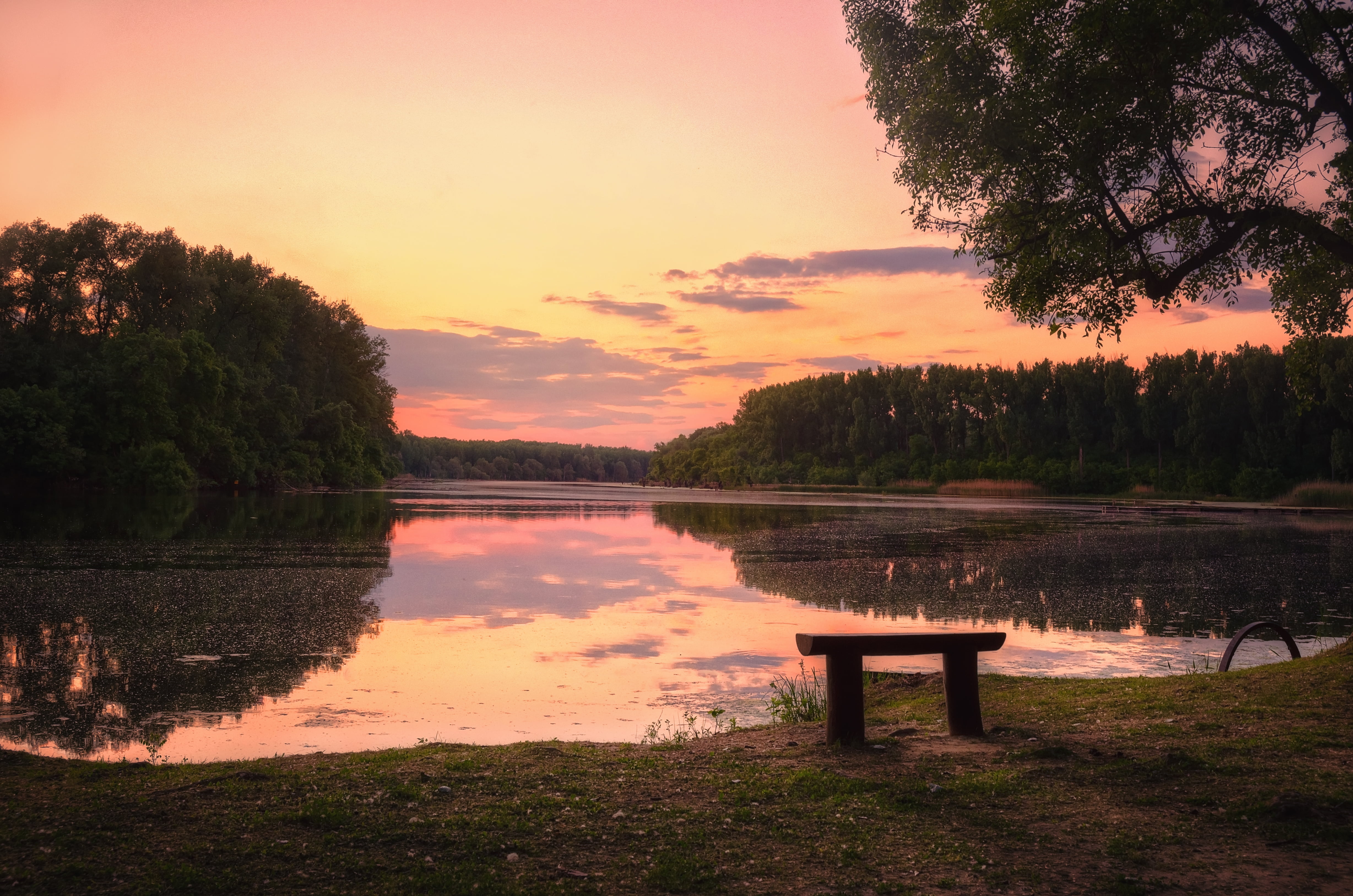 dusk, bench, front, leafs, wide  angle, photography, sunlight, Nikon  d5100, forest, DSLR, reflection, summer, water, Sunset, body, tranquil Scene, body of water, HD Wallpaper