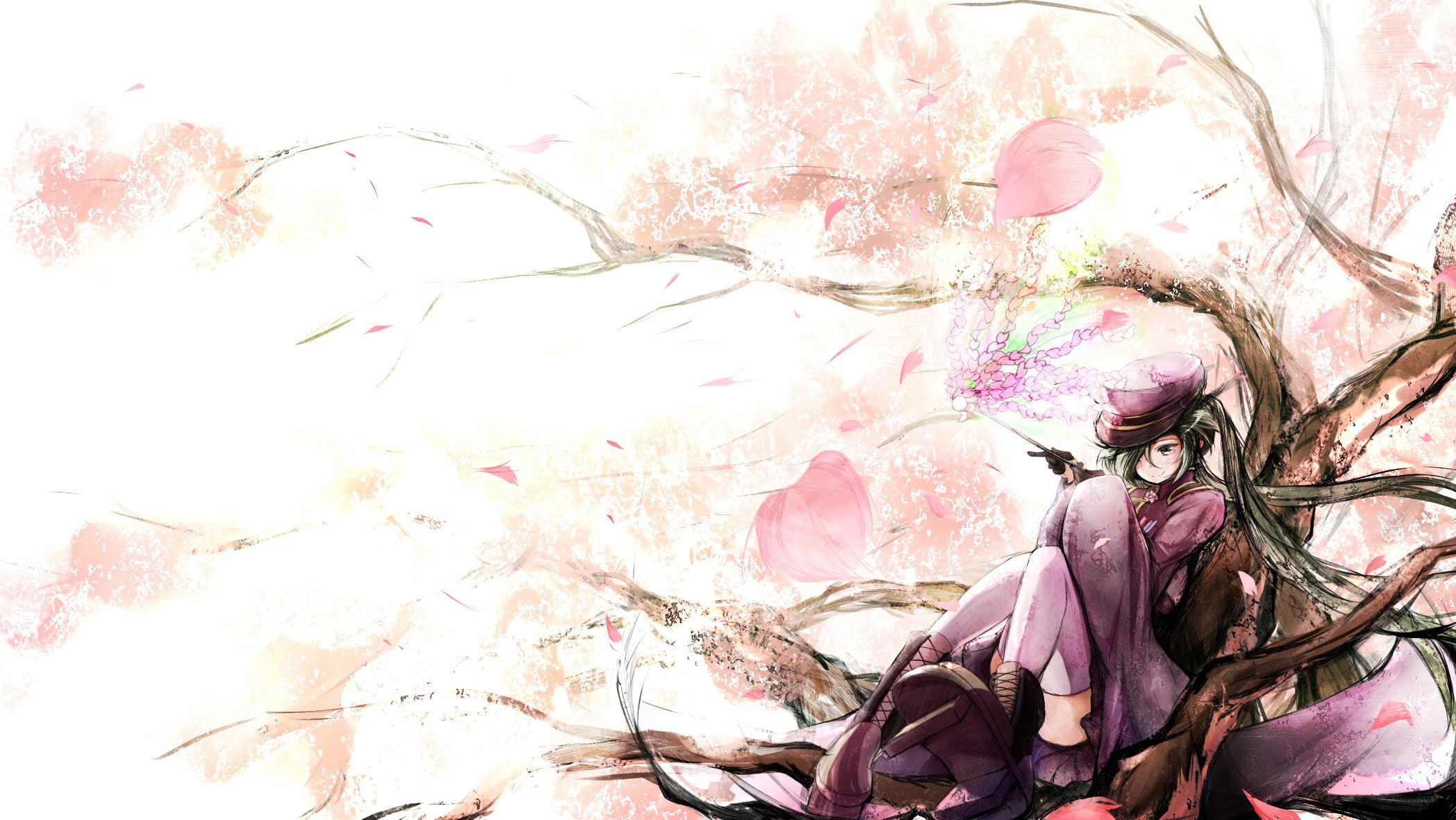 chippucream, miku, 1080P, hair, green, vocaloid, blossoms, twintails, petals, hatsune, senbon zakura, cherry, thighhighs, HD Wallpaper