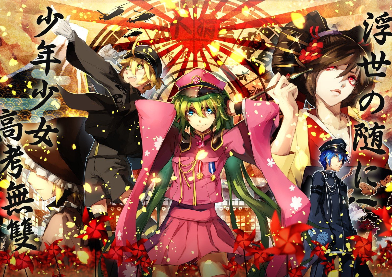 720P, blondes, clothes, officer, brunettes, blue, hats, red, len, kagamine, megpoid, green, meiko, japanese, vocaloid, gumi, senbon, miku, rin, girls, HD Wallpaper