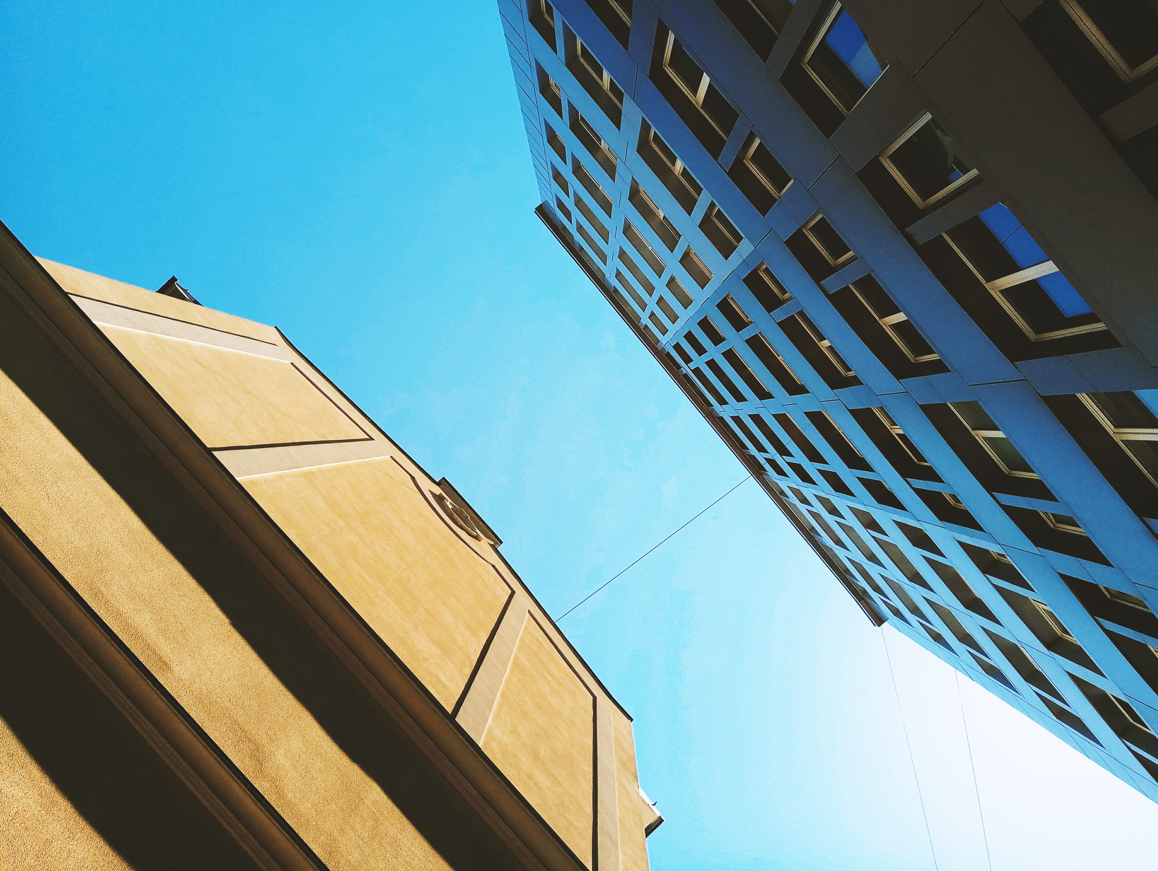 skyscraper, no people, blue, architecture, tall - high, nature, simple, украина, city, contrast, 2K, low angle view, modern, lines, киев, office building exterior, HD Wallpaper