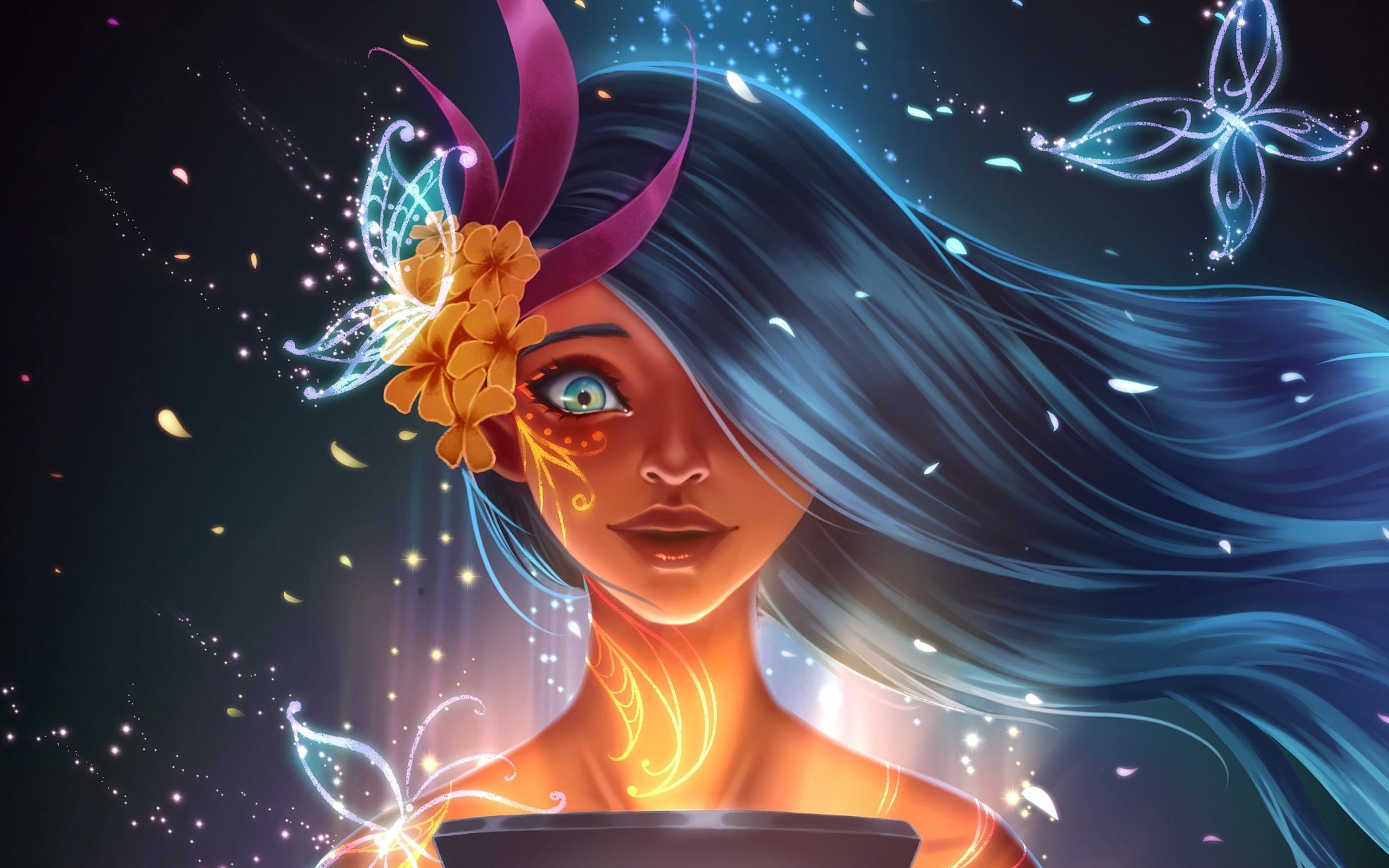 petals, светлый взгляд, 2K, нивность, удивительна красива, joy, fantasy girl, девушка весна, long hair, surprise, HD Wallpaper