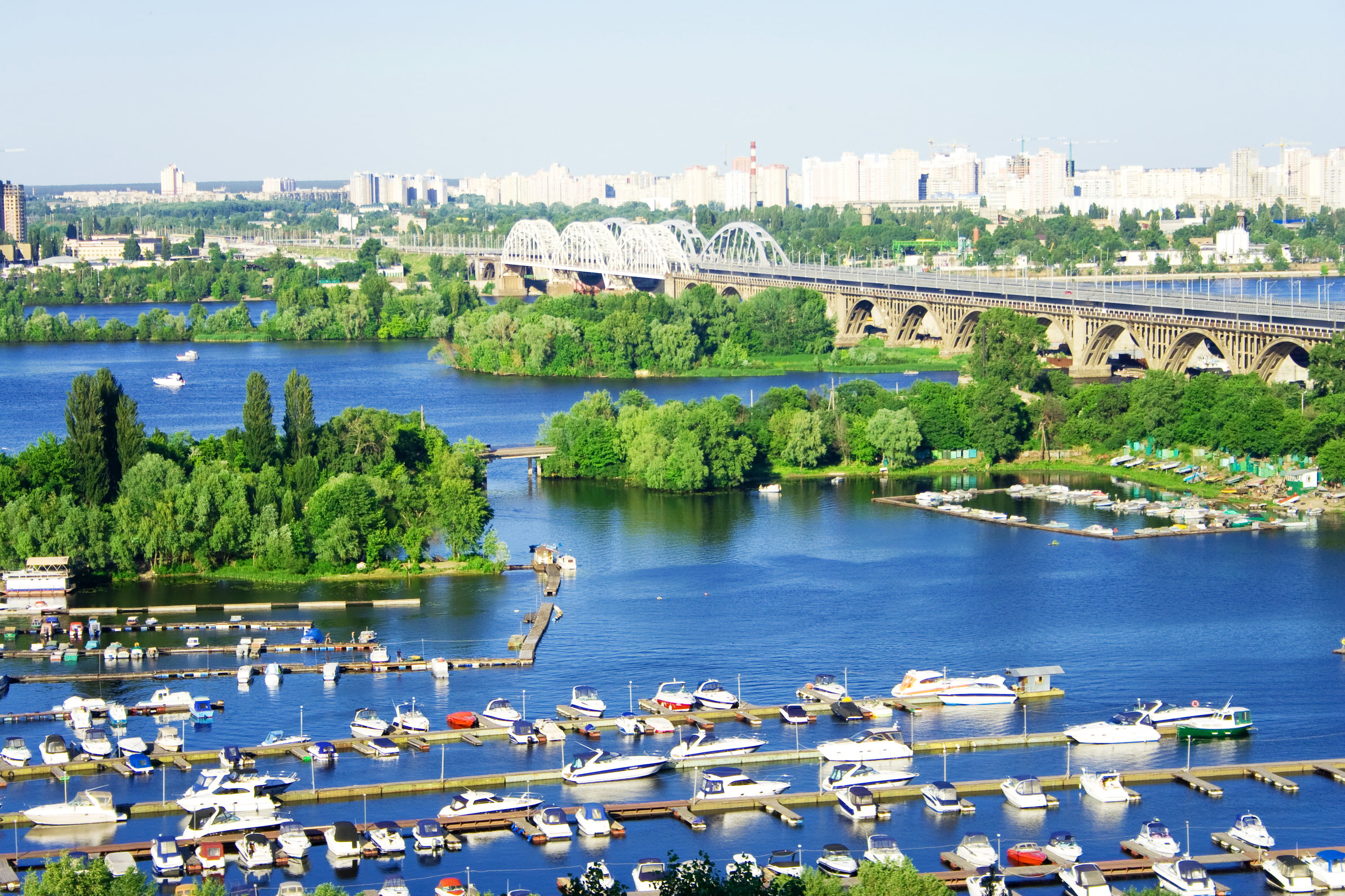 the city, Kiev, Ukraine, pierce, photo, river, trees, pier, bridge, 2K, HD Wallpaper