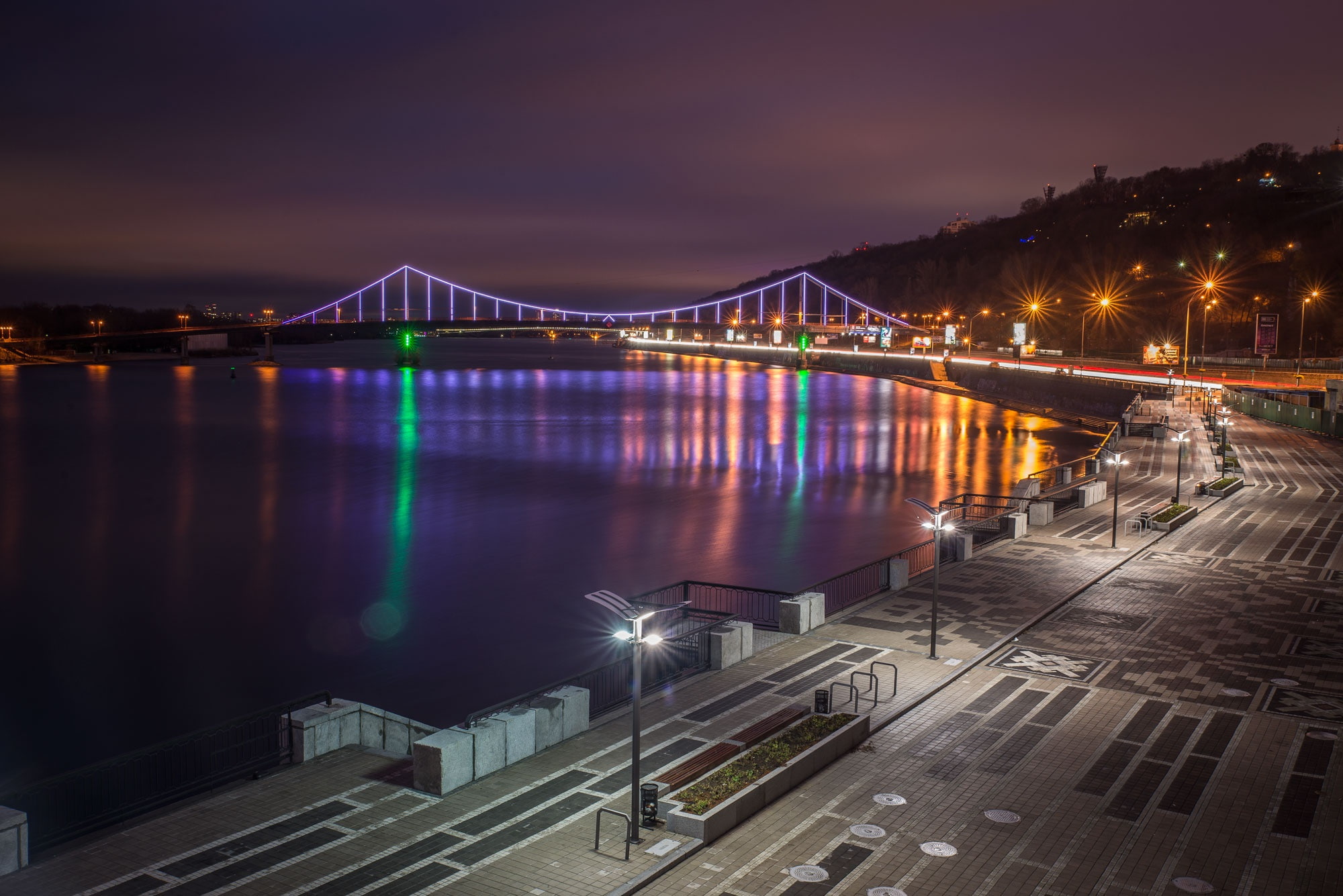 river, Kiev, 1080P, lights, the embankment of the Dnieper, night city lights, Ukraine, Park bridge, HD Wallpaper