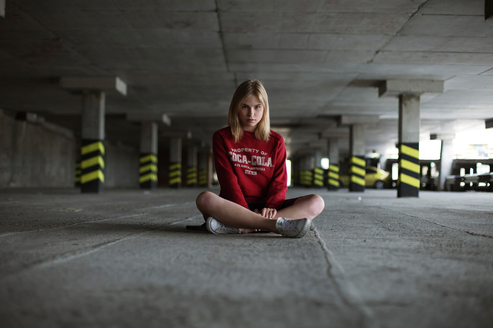 Kiev, casual clothing, young women, parking garage, girl, sitting, hairstyle, 1080P, full length, looking at camera, lifestyles, portrait, clothing, front view, HD Wallpaper