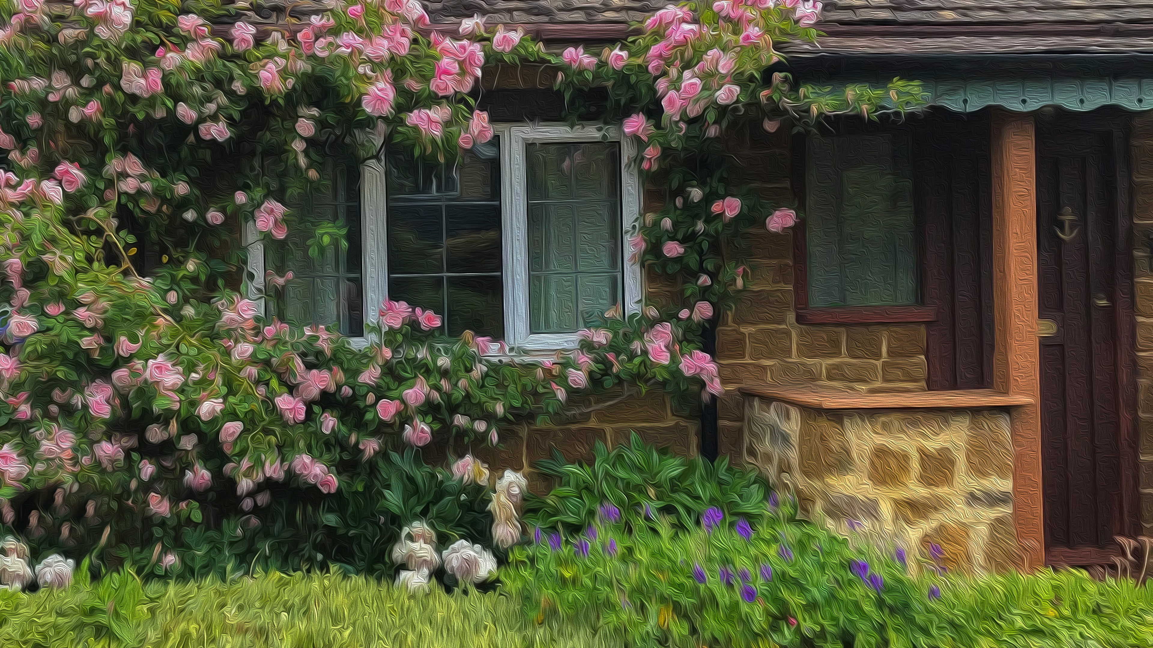 garden, home, backyard, 4K, window, yard, flowering plant, roses, shrub, house, cottage, rose family, painting, plant, HD Wallpaper