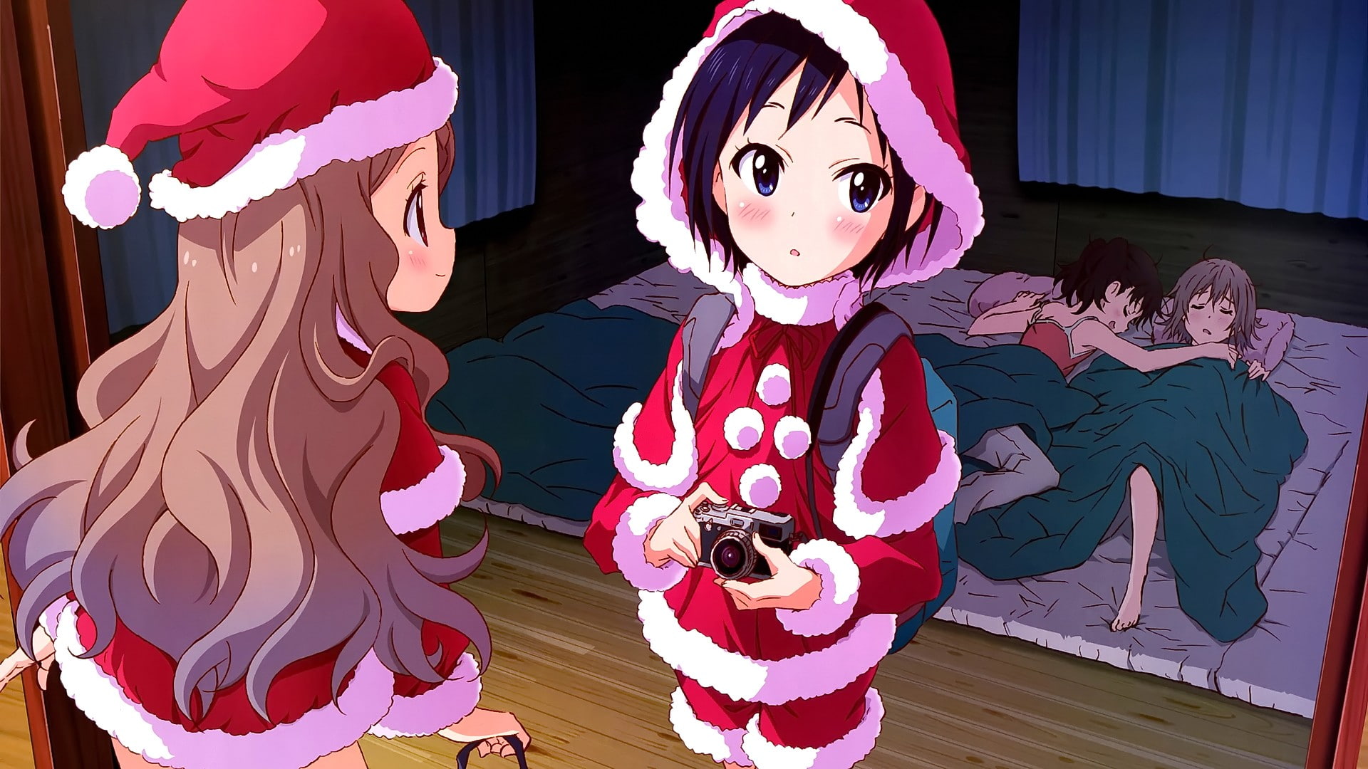 Yukimura Aoi, Yama no Susume, sleeping, anime girls, Kurosaki Honoka, Kuraue Hinata, 1080P, anime, Aoba Kokona, Christmas, HD Wallpaper