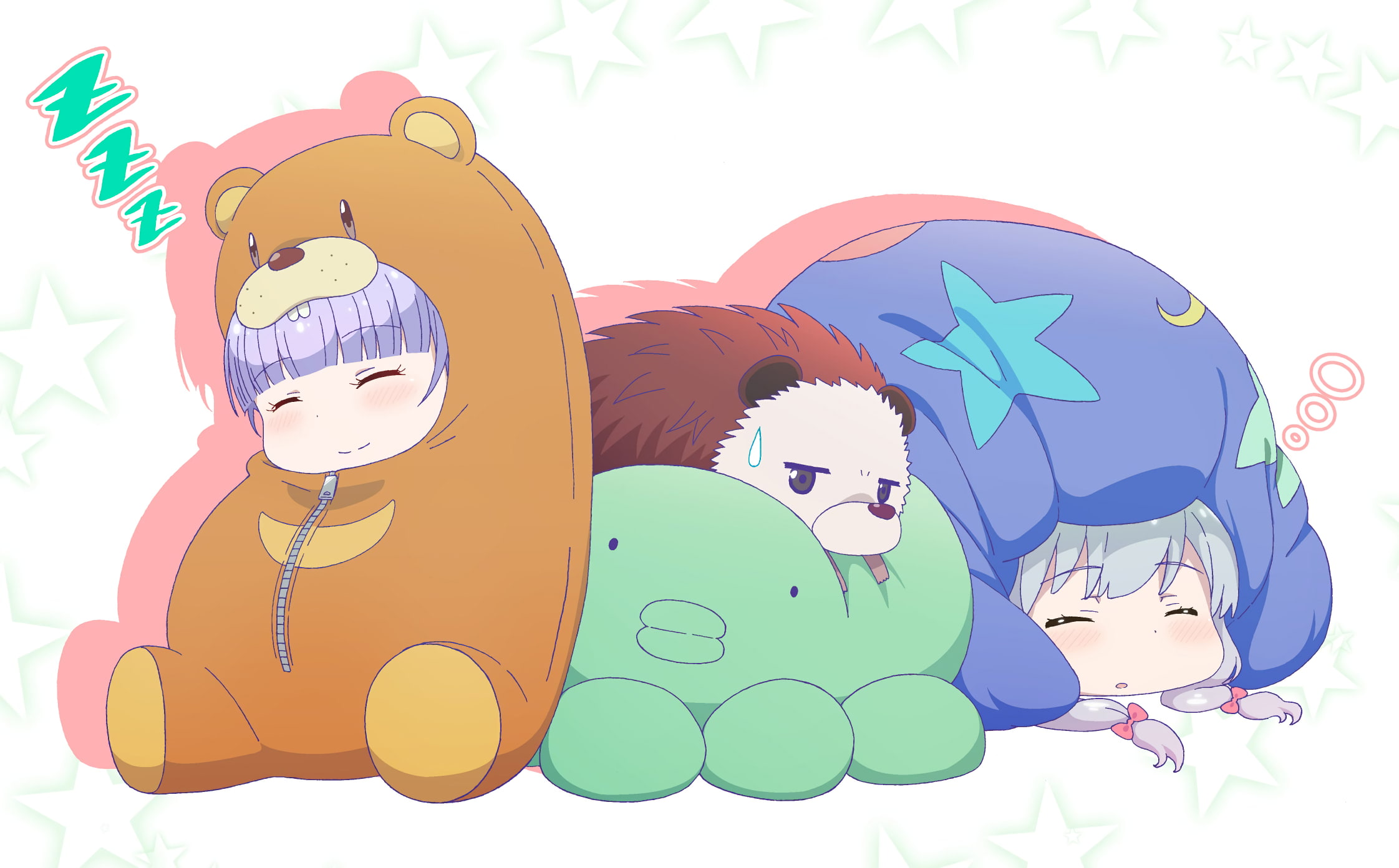 animal, stuffed toy, suzukaze, childhood, happiness, eromanga-sensei, purple, sleeping, sagiri, 2girls, domestic animals, crossover, pets, toy, men, mammal, HD Wallpaper