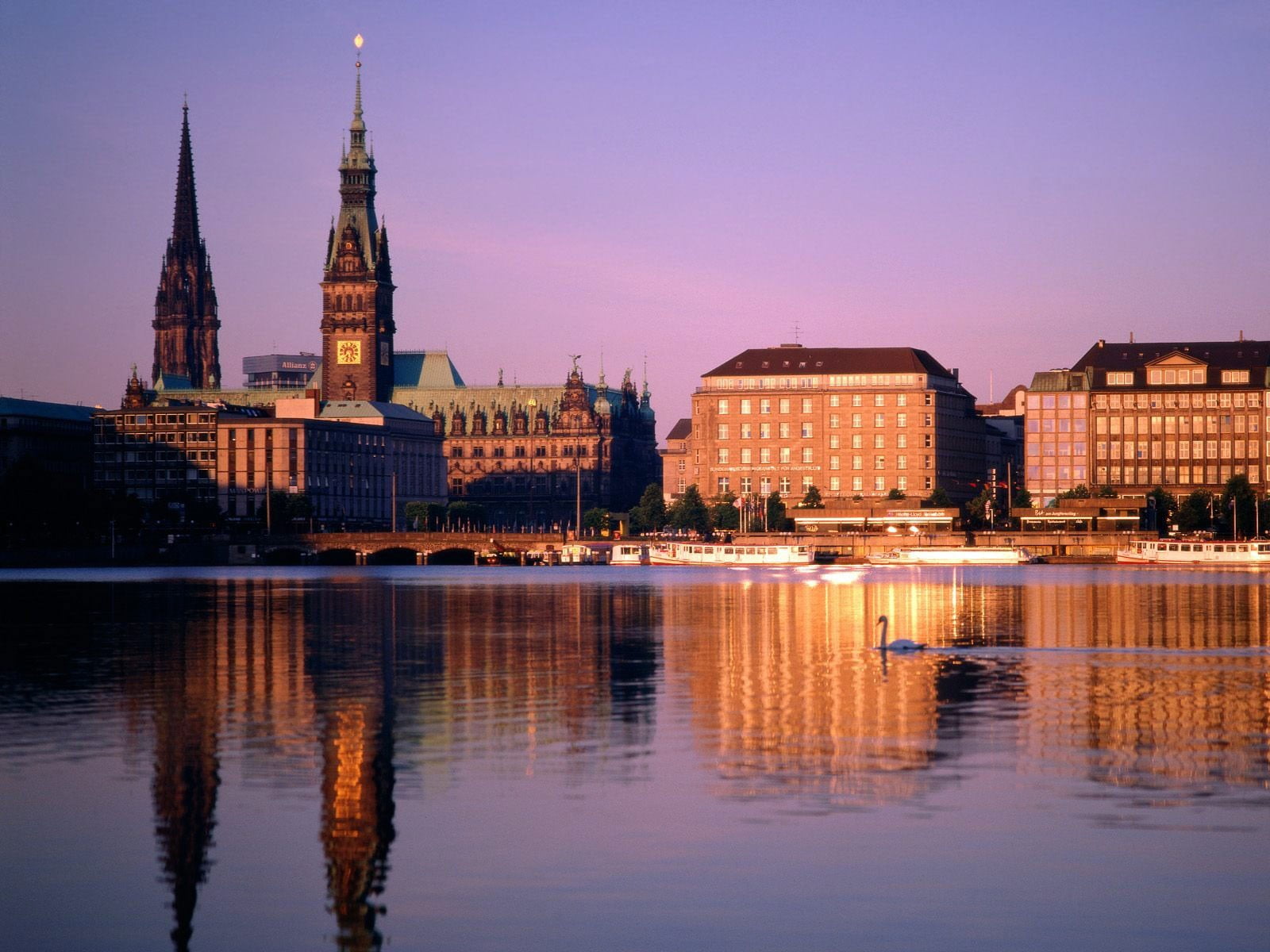 outdoors, building exterior, sky, no people, built structure, swan, concrete, brown, Germany, 720P, tower, reflection, illuminated, landscape, city, travel destinations, HD Wallpaper