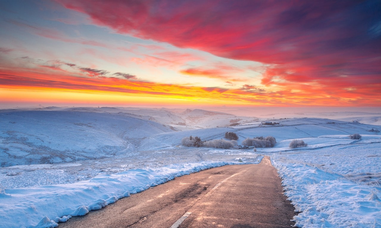 environment, travel, sunset, nature, road, cold temperature, scenics - nature, clouds, tranquil scene, light blue, 720P, snow, hills, cloud - sky, sun, HD Wallpaper