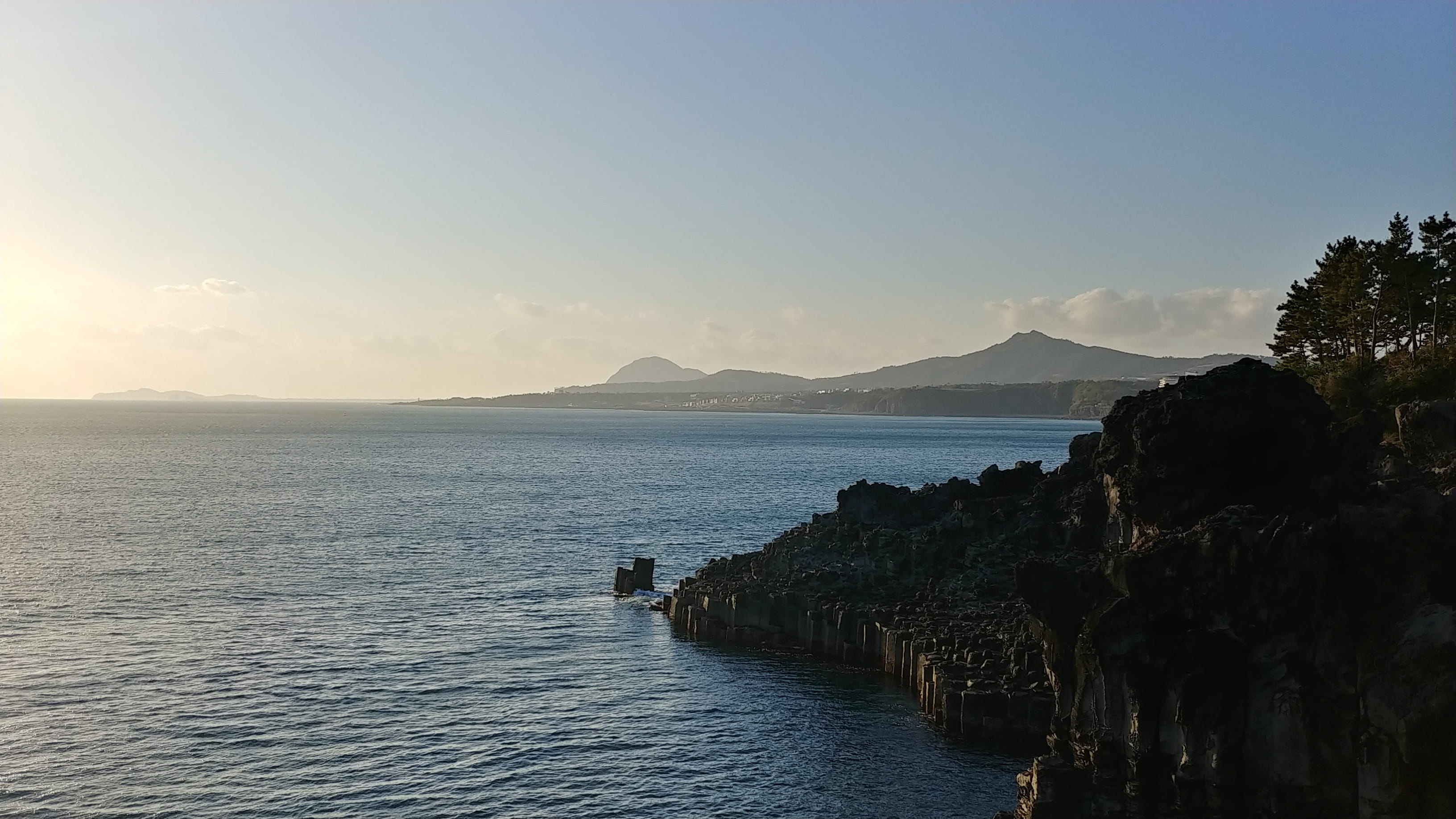 jeju island, travel, outdoors, sky, tranquility, scenics - nature, water, non-urban scene, tranquil scene, copy space, waterfront, mountain, rock, rock - object, HD Wallpaper