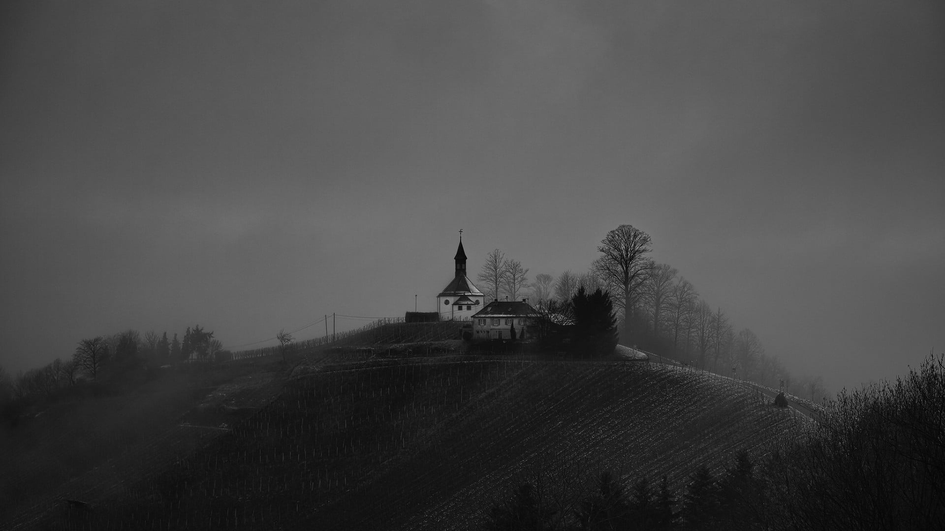 belief, 1080P, tree, plant, church, hills, landscape, grayscale, travel, copy space, day, land, architecture, building exterior, spirituality, building, HD Wallpaper