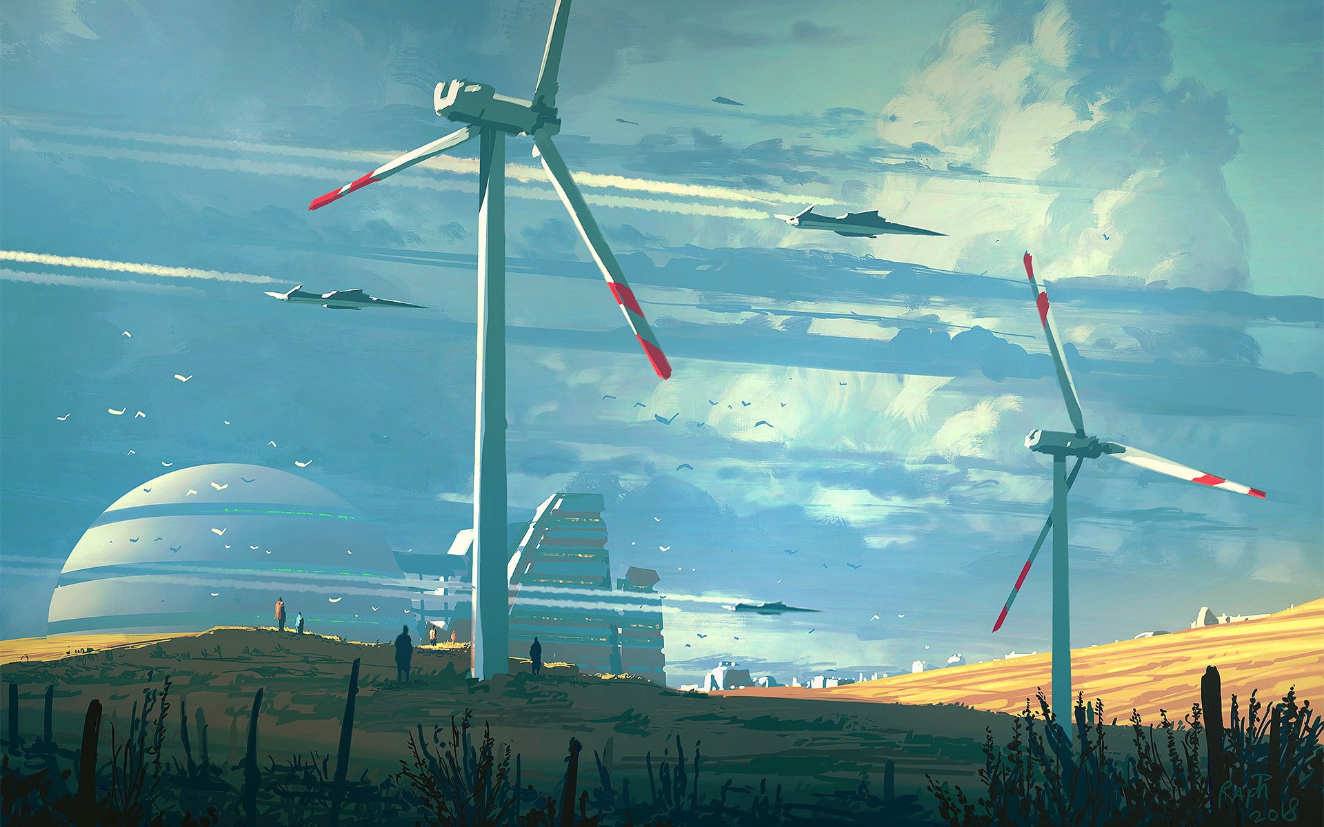 built structure, plant, flag, mills, turbine, cloud - sky, nature, day, environment, beauty in nature, sky, 1080P, wind power, architecture, wind, tranquil scene, HD Wallpaper
