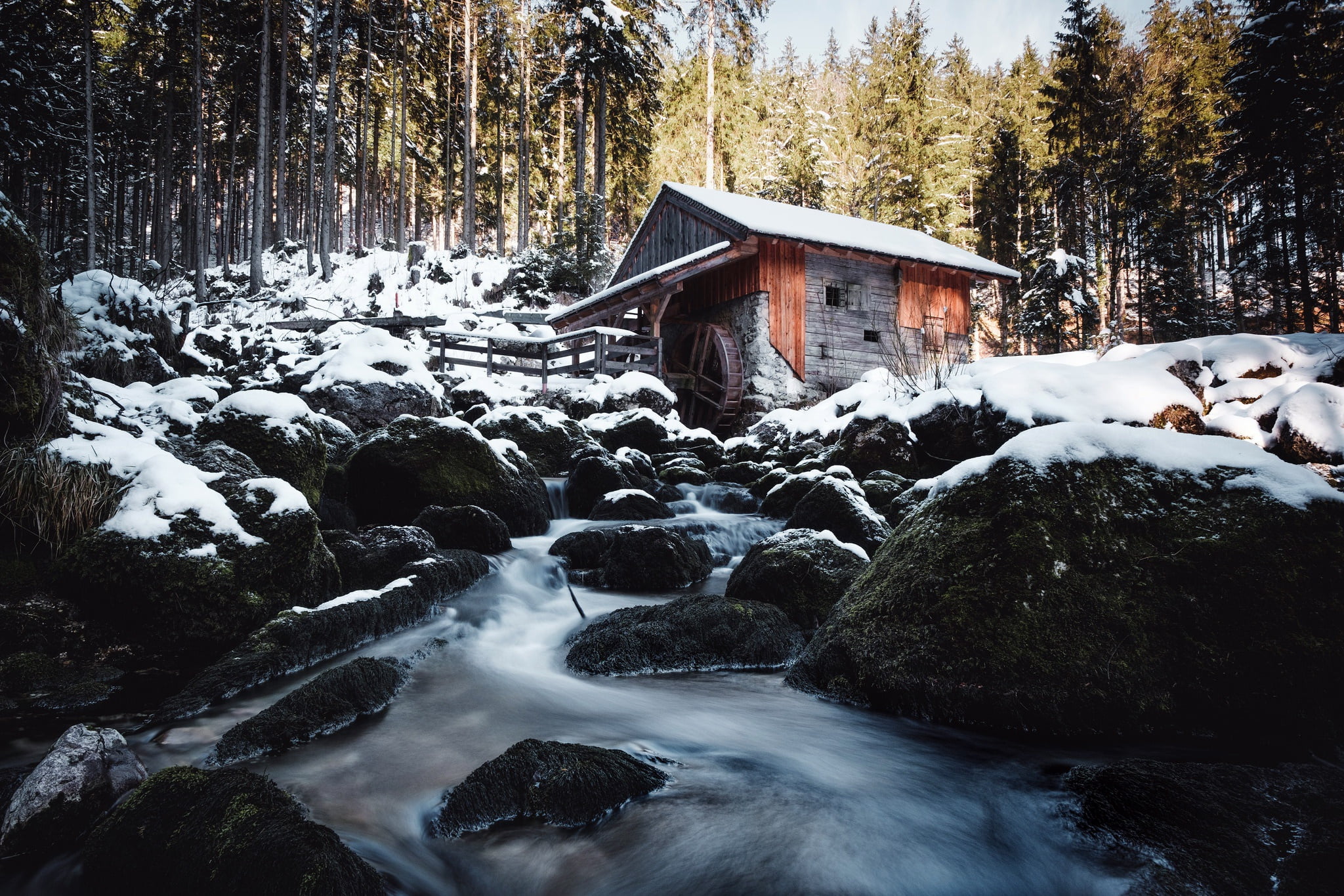 flowing, water, cold temperature, no people, nature, 1080P, solid, snow, brown, motion, rock, mill, scenics - nature, forest, stream - flowing water, beauty in nature, HD Wallpaper