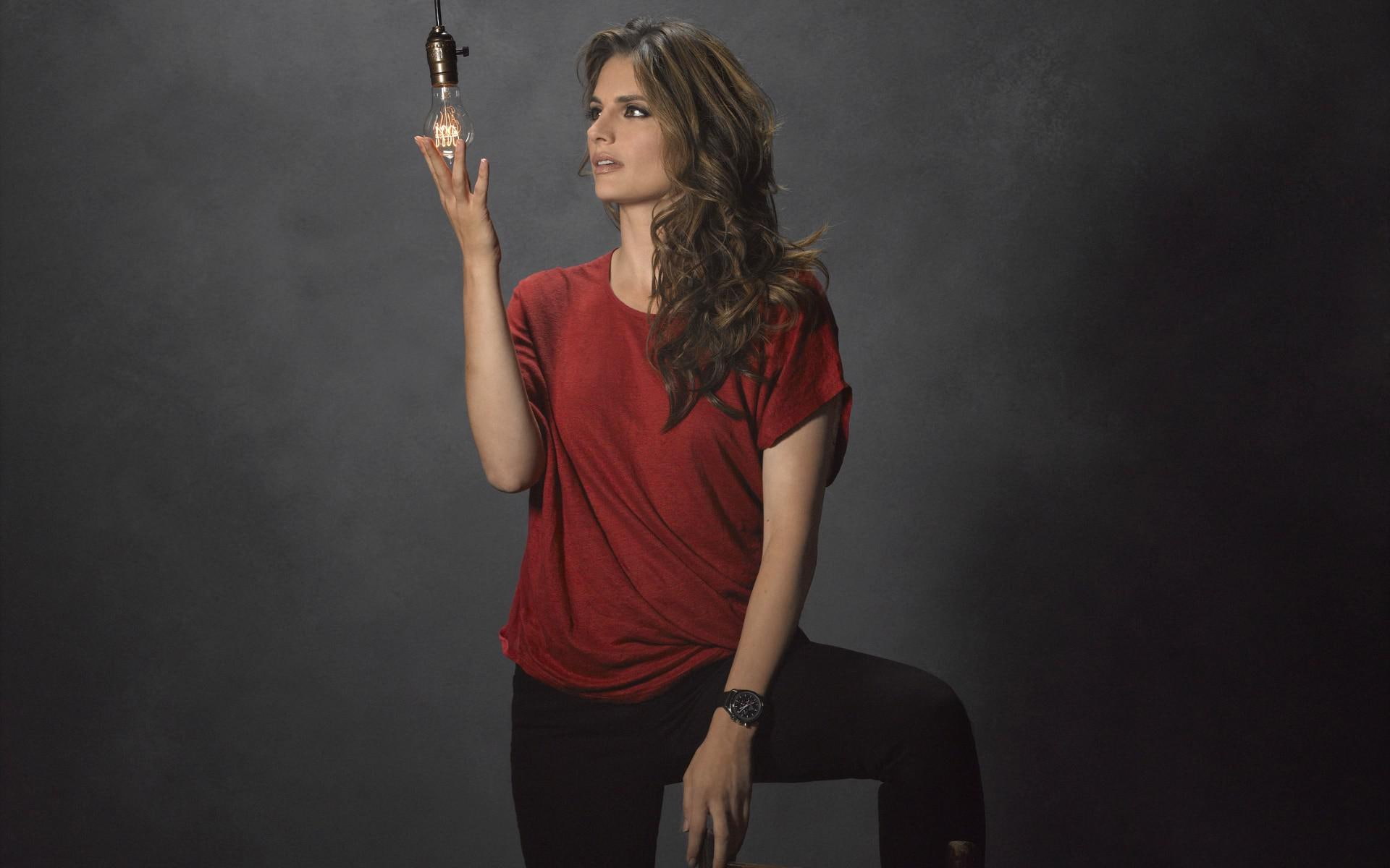 katic, 1080P, black, women, neck, stana katic, red, s, shirt, pants, t, celebrities, 1920x1200, outfit, stana, boat, HD Wallpaper